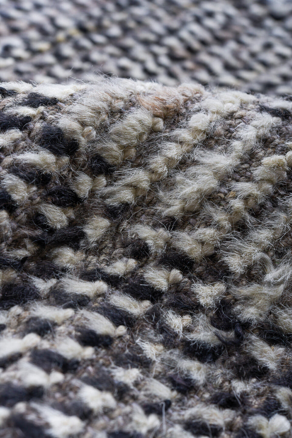 13' x 15' one-of-a-kind handmade vintage Tulu oversize rug. Color palette: gray, charcoal, ivory, slate, black