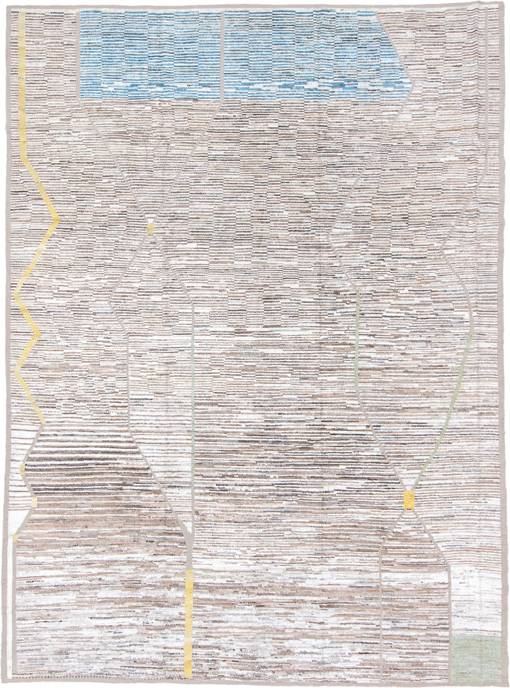 10' x 14' one-of-a-kind handmade vintage Tulu large size rug. Color palette: ivory, taupe, camel, sky_blue, pale_yellow