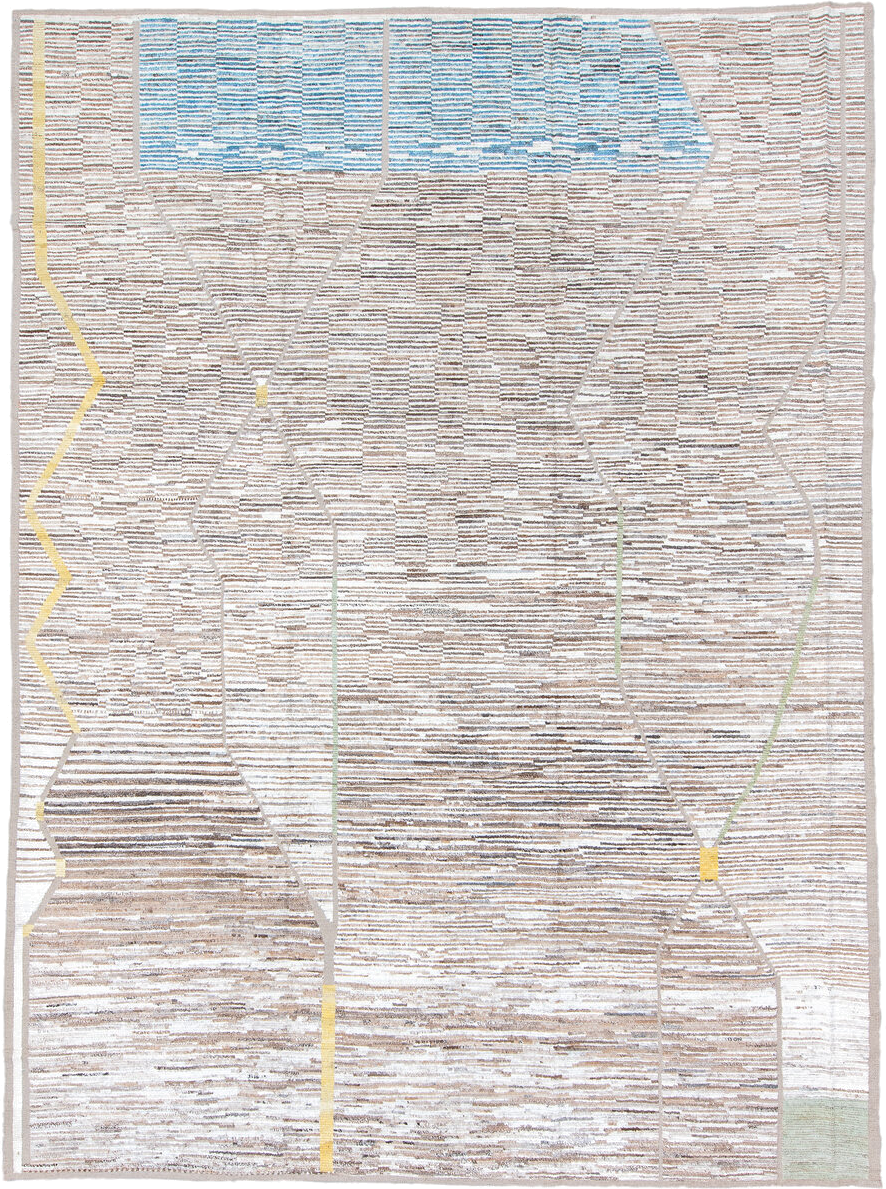 10' x 14' one-of-a-kind handmade vintage Tulu large size rug. Color palette: ivory, taupe, camel, sky_blue, pale_yellow