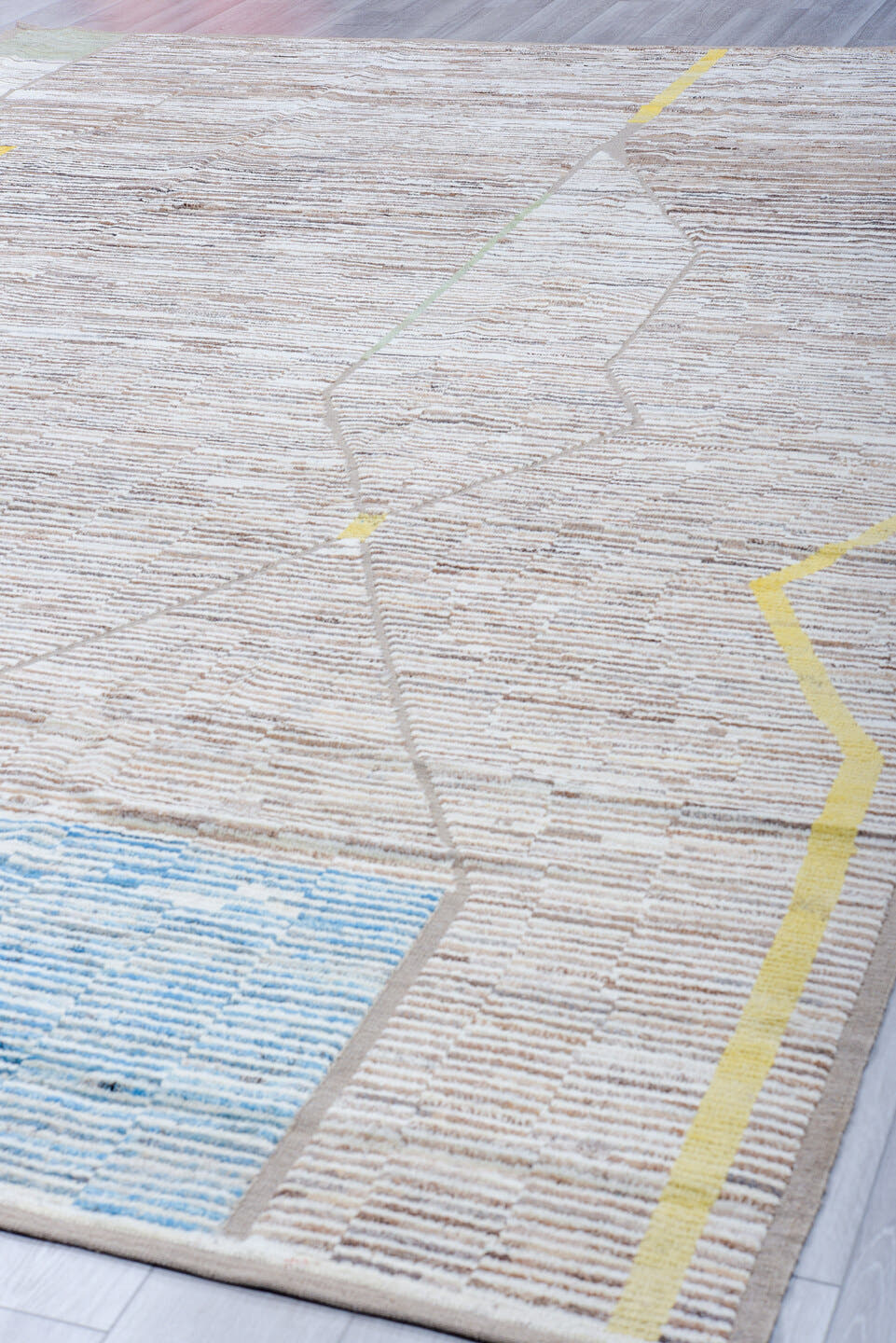 10' x 14' one-of-a-kind handmade vintage Tulu large size rug. Color palette: ivory, taupe, camel, sky_blue, pale_yellow