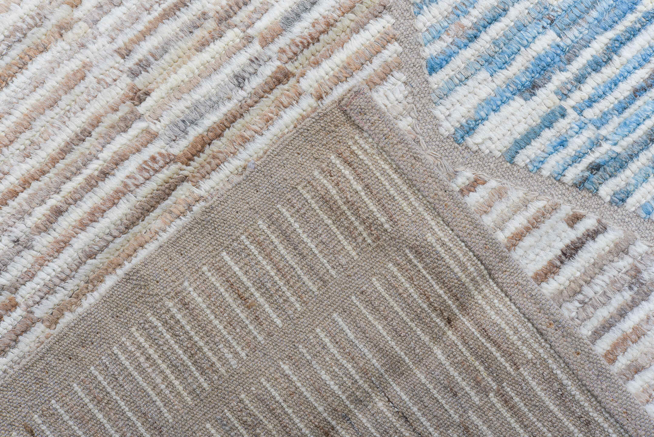 10' x 14' one-of-a-kind handmade vintage Tulu large size rug. Color palette: ivory, taupe, camel, sky_blue, pale_yellow