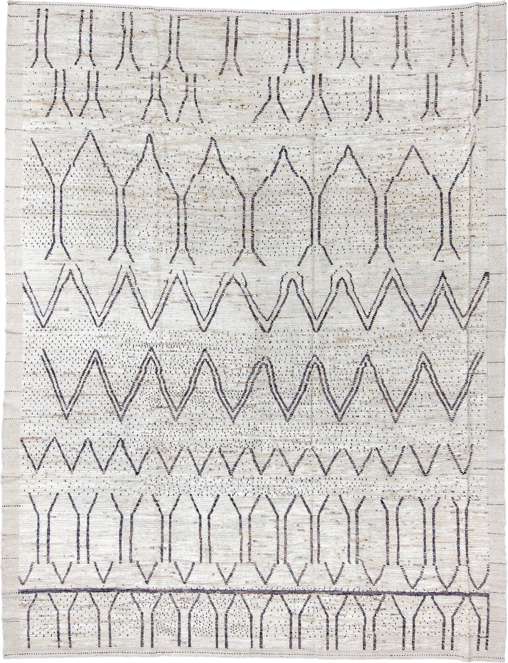 10' x 13' one-of-a-kind handmade vintage Tulu large size rug. Color palette: ivory, charcoal, taupe, brown, gray, black