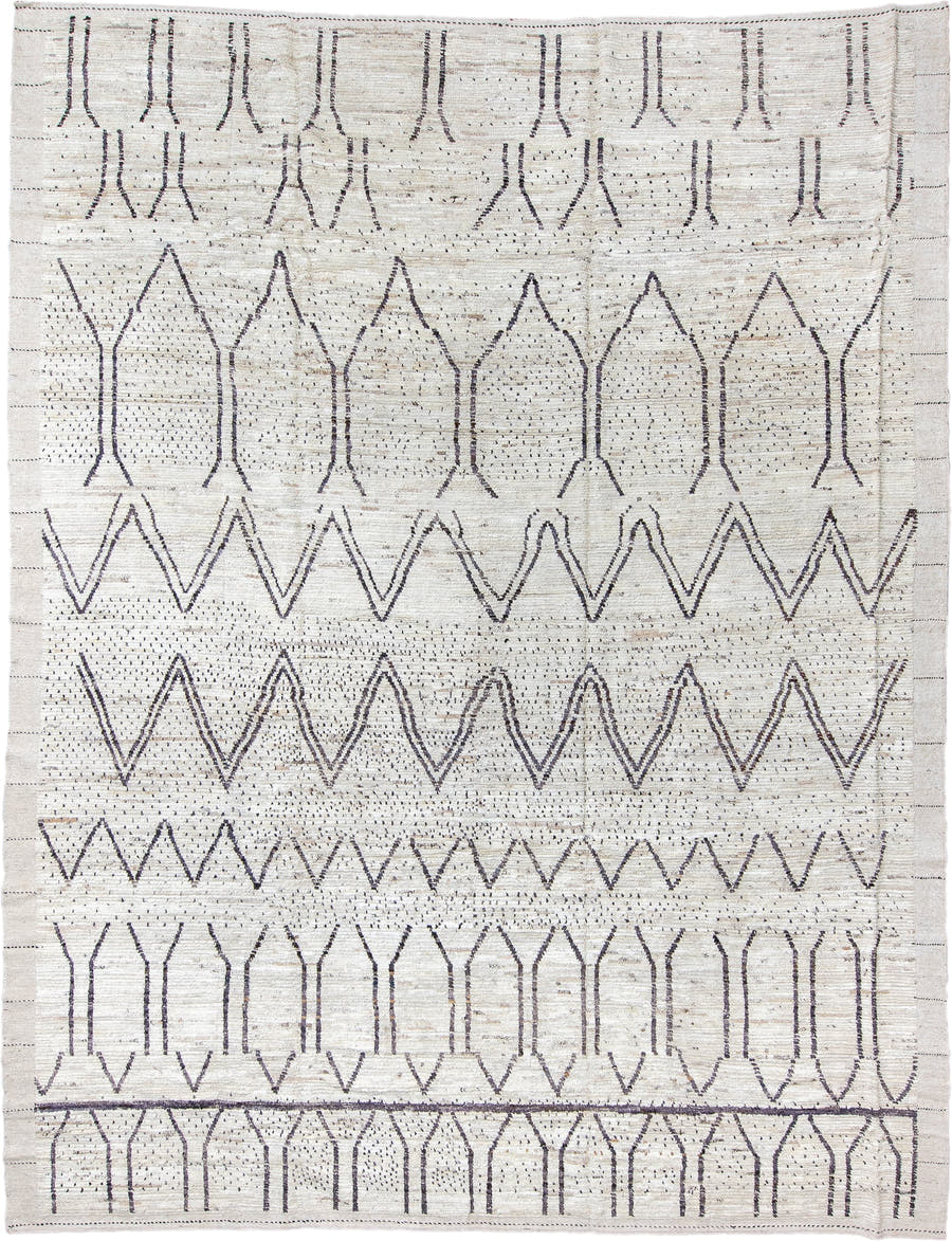 10' x 13' one-of-a-kind handmade vintage Tulu large size rug. Color palette: ivory, charcoal, taupe, brown, gray, black