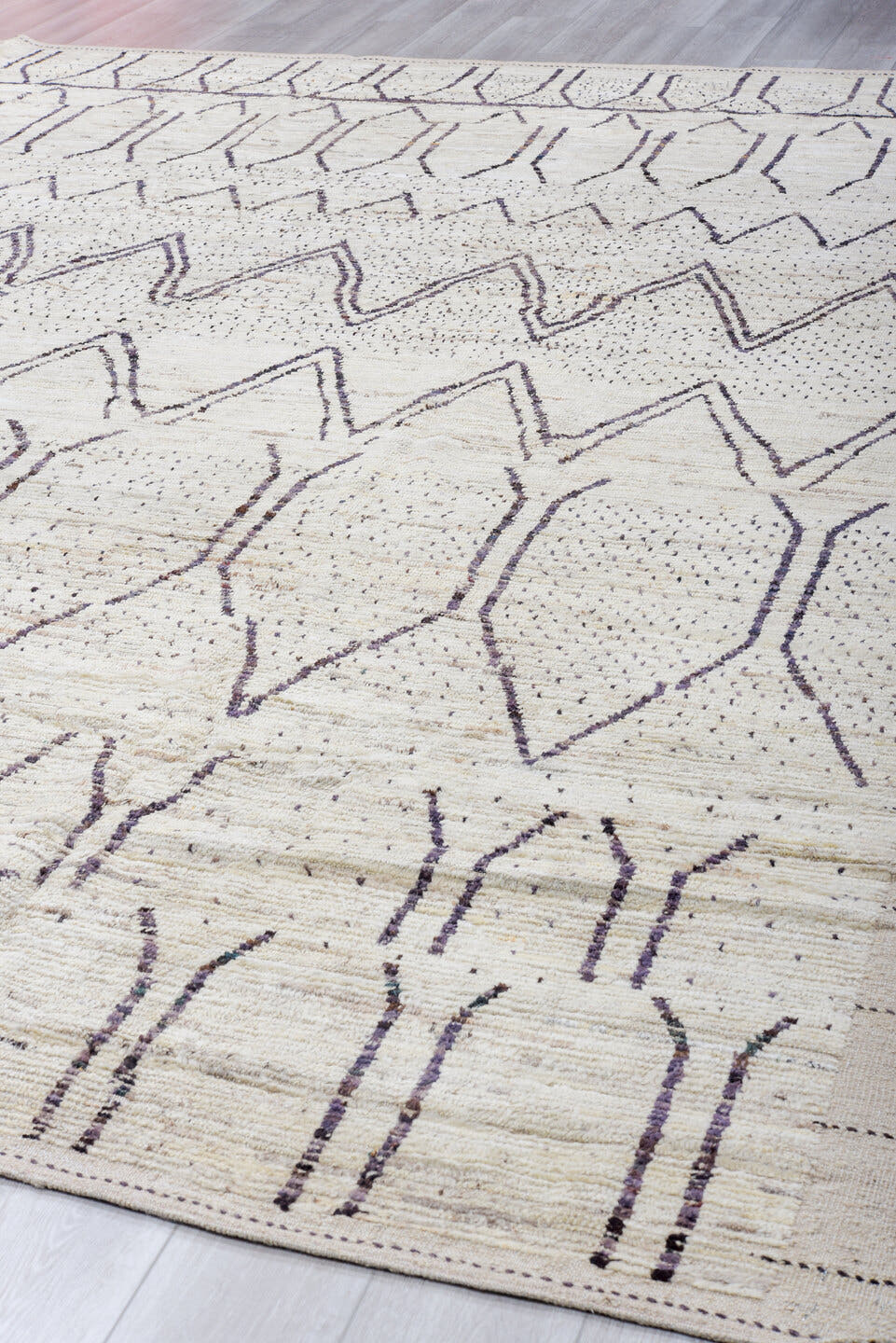 10' x 13' one-of-a-kind handmade vintage Tulu large size rug. Color palette: ivory, charcoal, taupe, brown, gray, black