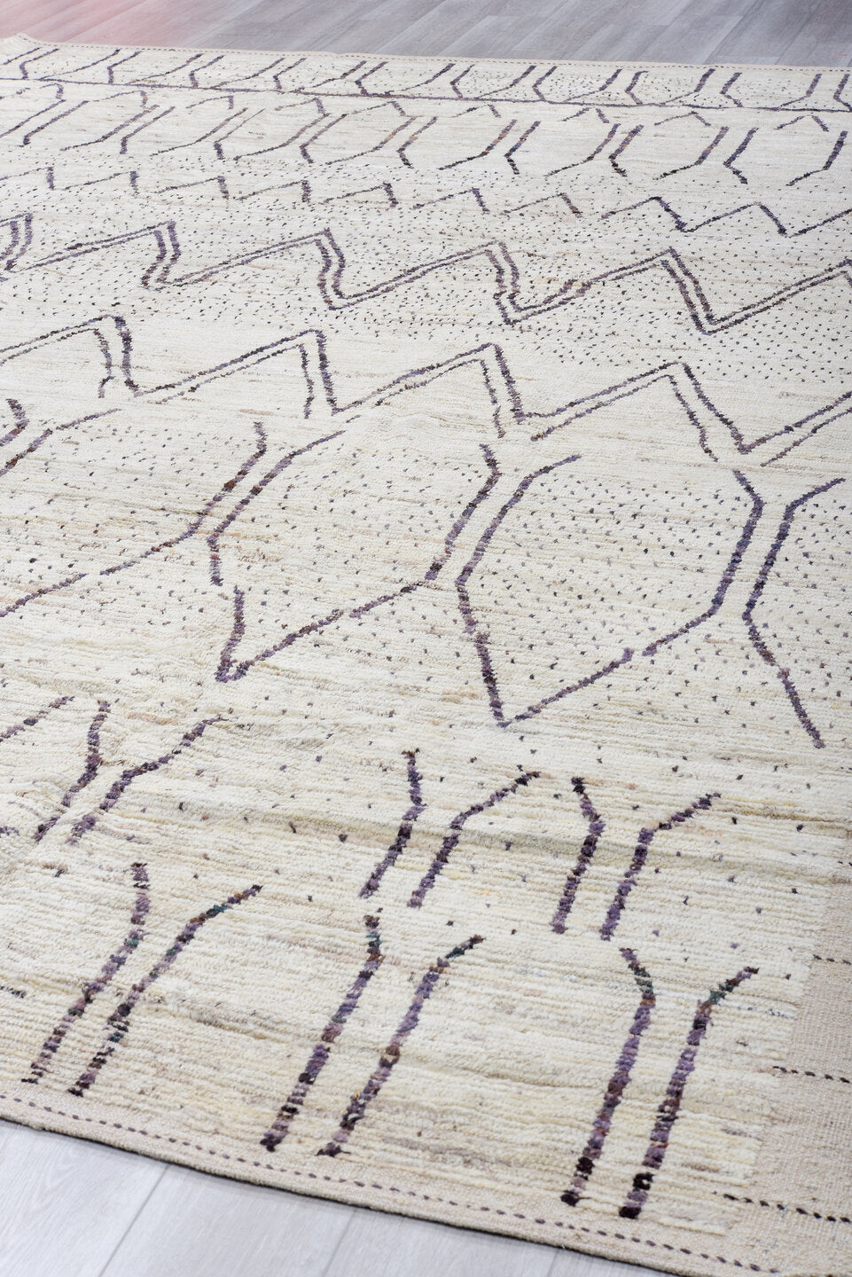 10' x 13' one-of-a-kind handmade vintage Tulu large size rug. Color palette: ivory, charcoal, taupe, brown, gray, black
