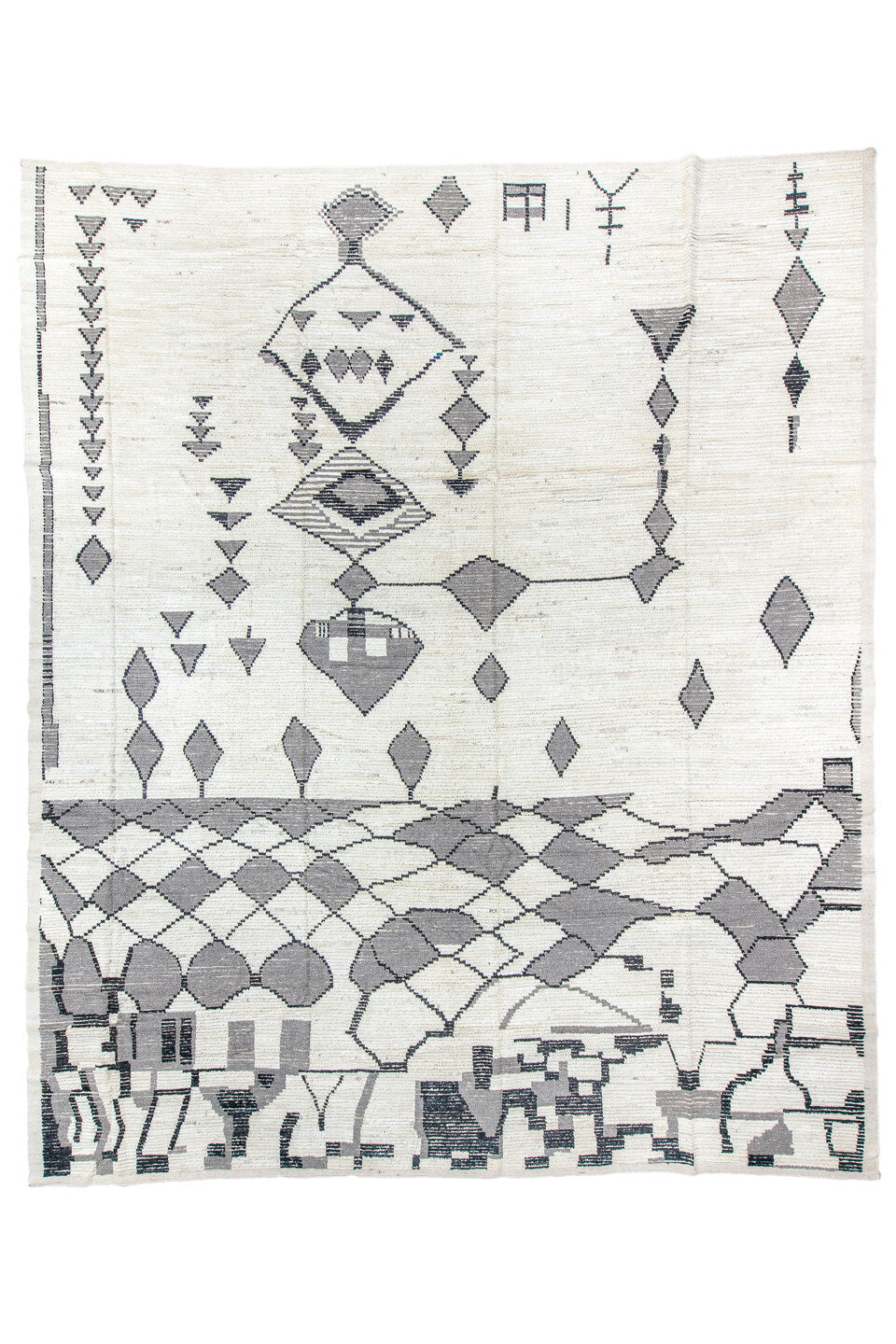 13' x 16' one-of-a-kind handmade vintage Tulu oversize rug. Color palette: blue, dark gray, dim gray, gainsboro, gray