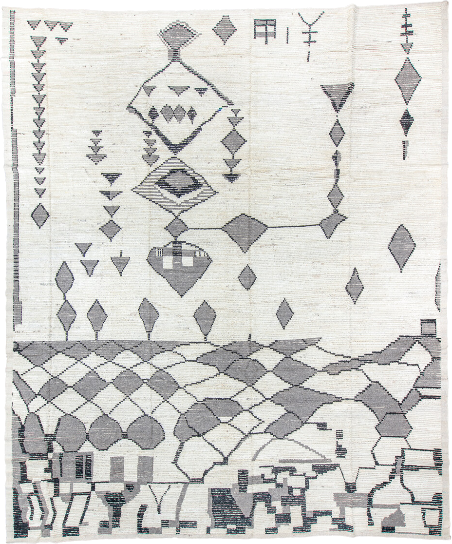 13' x 16' one-of-a-kind handmade vintage Tulu oversize rug. Color palette: ivory, gray, charcoal, black