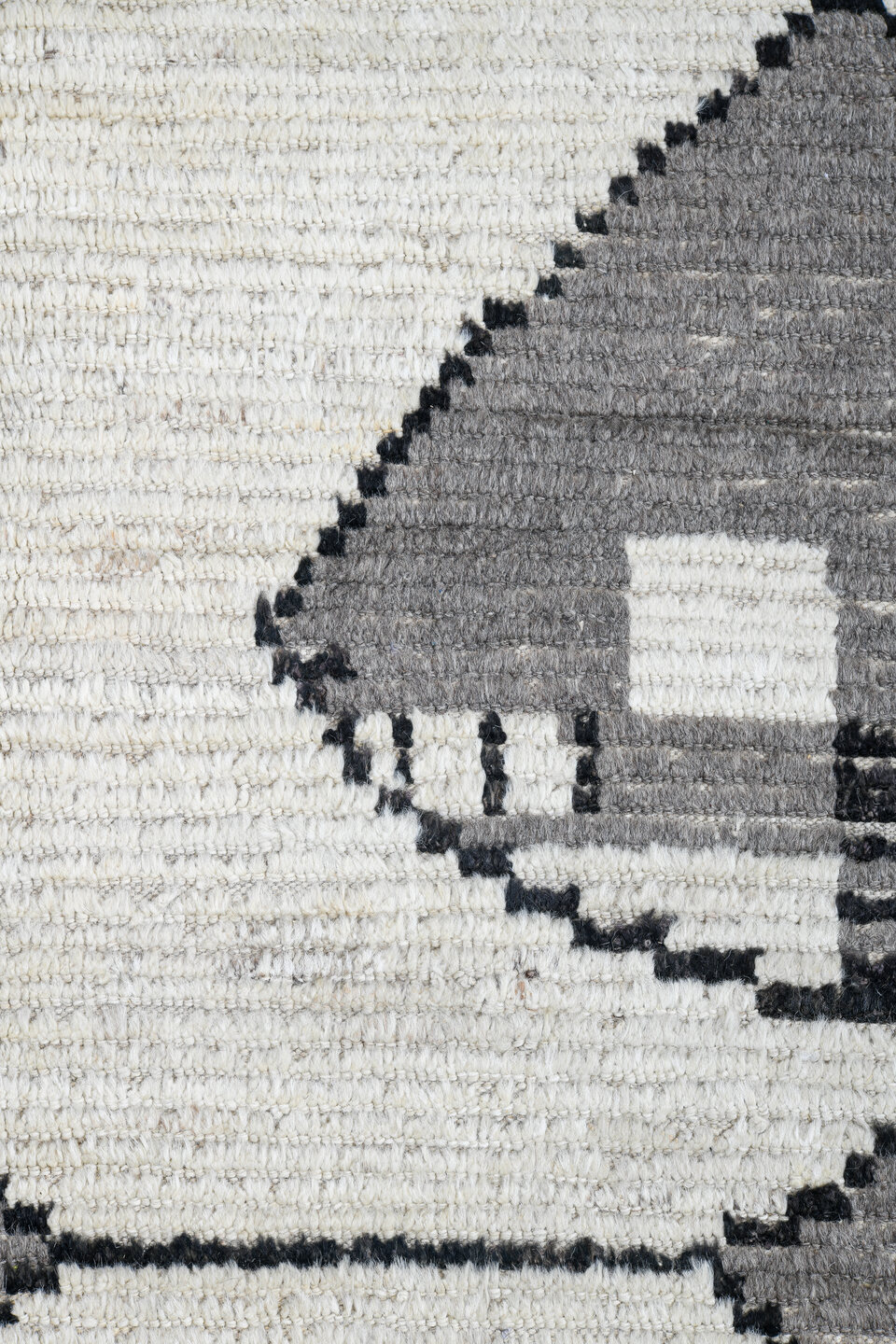 13' x 16' one-of-a-kind handmade vintage Tulu oversize rug. Color palette: ivory, gray, charcoal, black