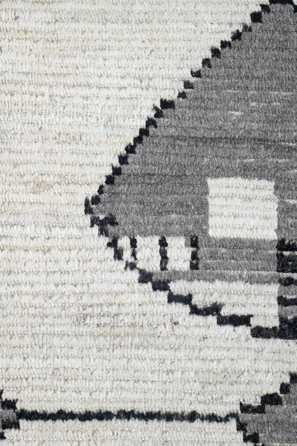 13' x 16' one-of-a-kind handmade vintage Tulu oversize rug. Color palette: ivory, gray, charcoal, black