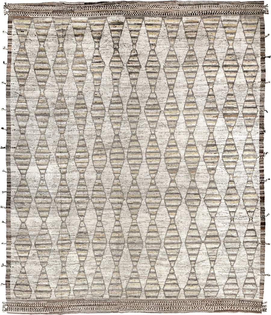 13' x 16' one-of-a-kind handmade vintage Tulu oversize rug. Color palette: ivory, taupe, brown, pale gold, charcoal, beige