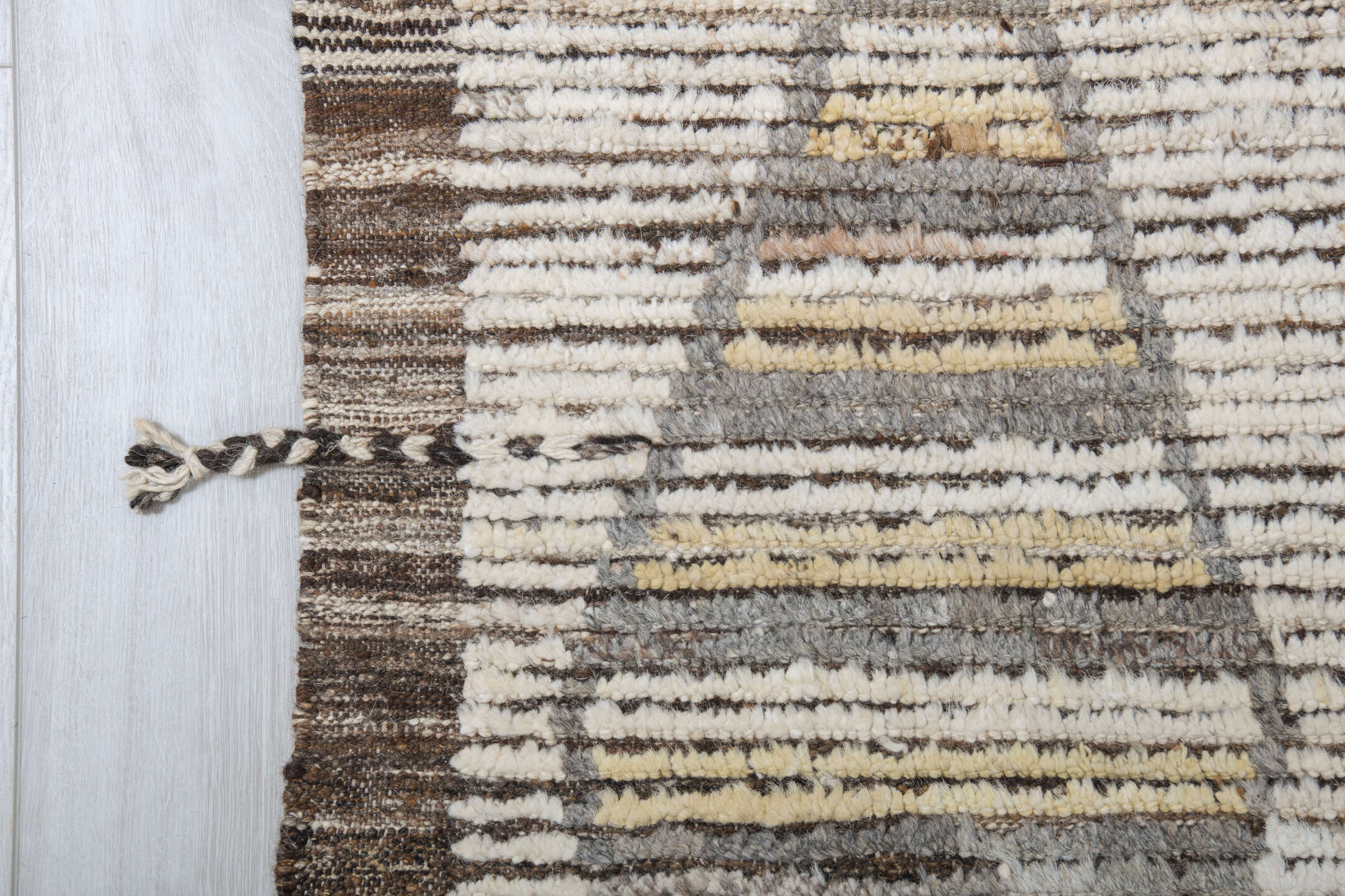 13' x 16' one-of-a-kind handmade vintage Tulu oversize rug. Color palette: ivory, taupe, brown, pale gold, charcoal, beige
