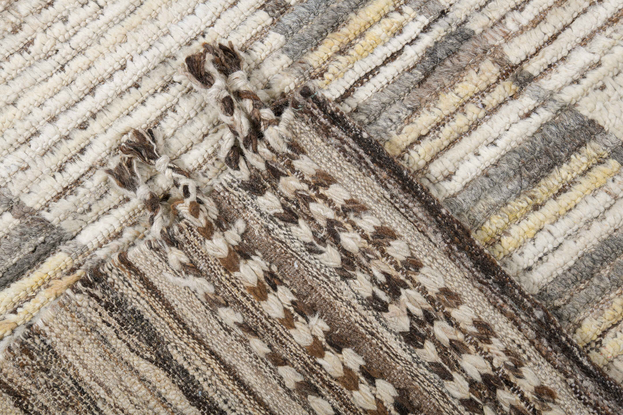 13' x 16' one-of-a-kind handmade vintage Tulu oversize rug. Color palette: ivory, taupe, brown, pale gold, charcoal, beige