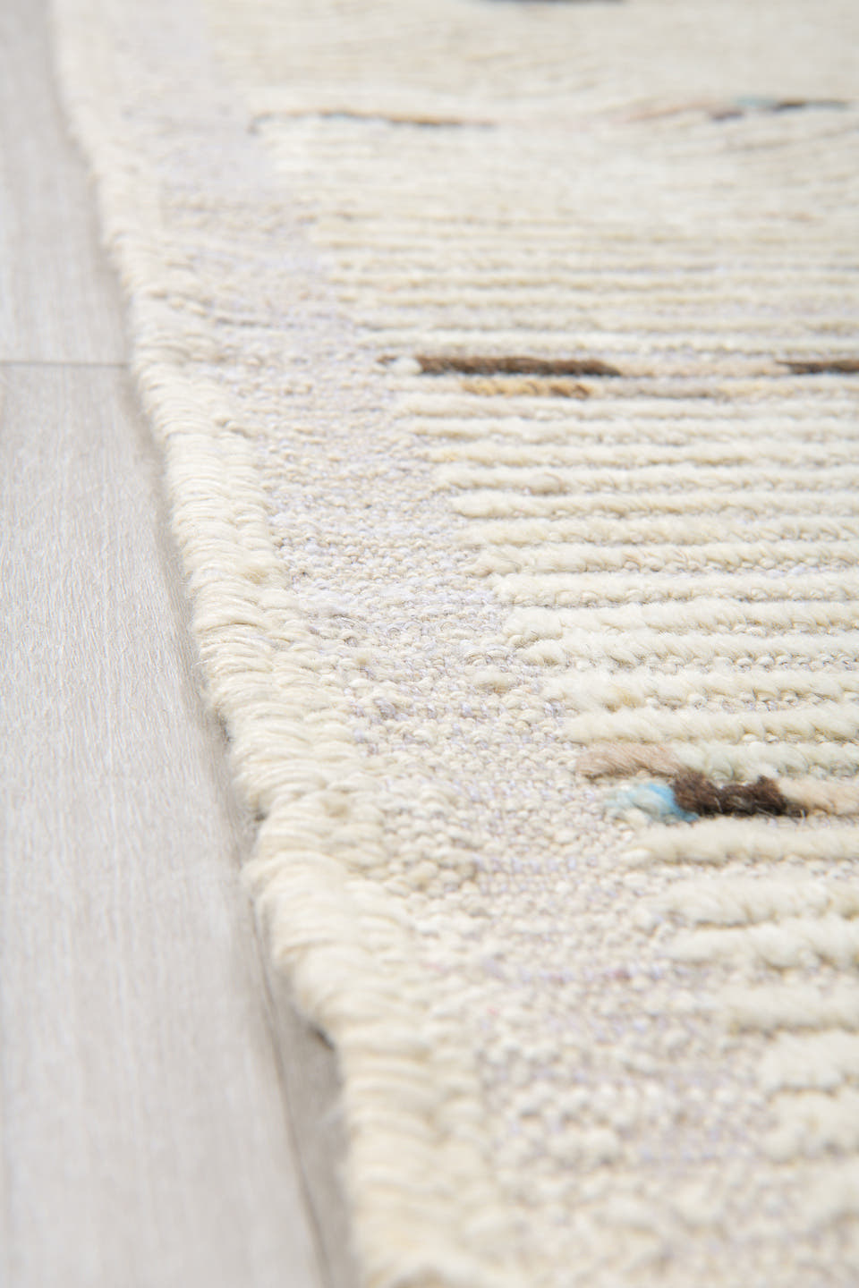 10' x 13' one-of-a-kind handmade vintage Tulu large size rug. Color palette: ivory, cream, charcoal, pale blue, taupe, beige