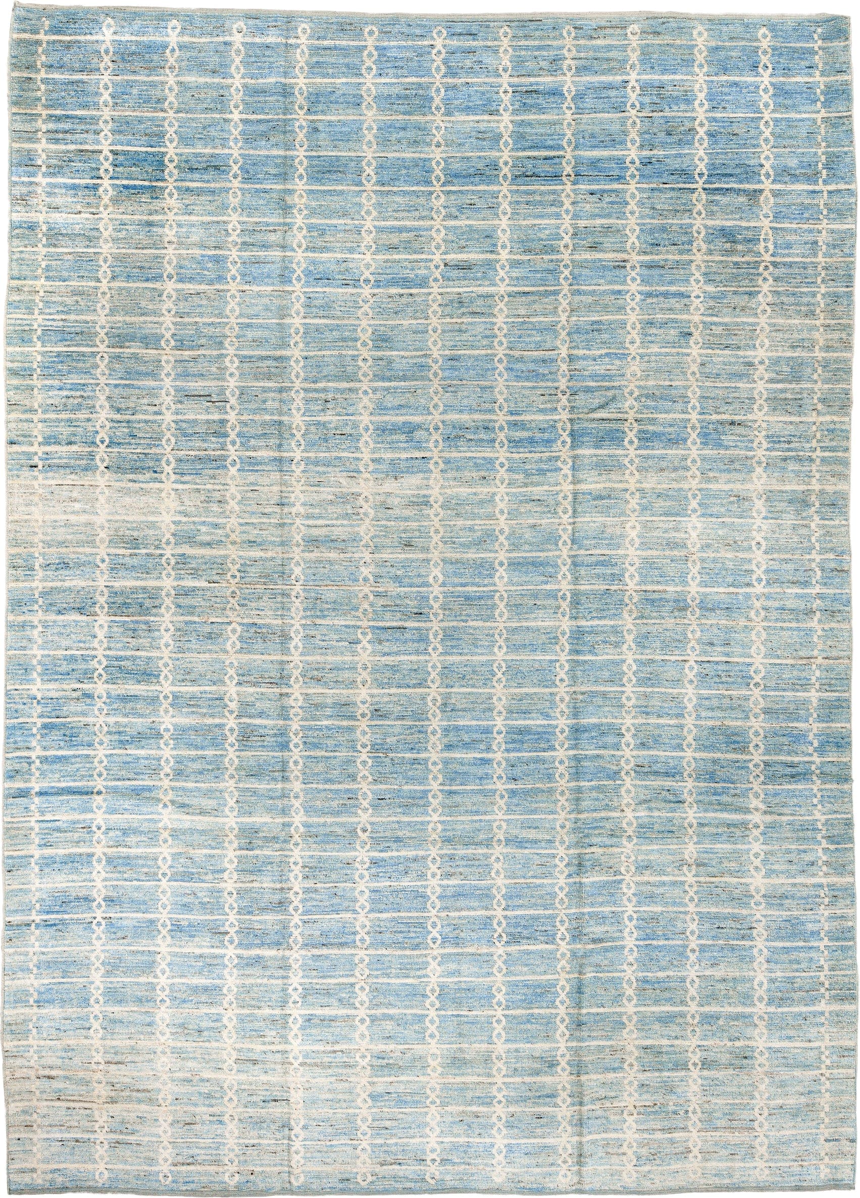 10' x 14' one-of-a-kind handmade vintage Tulu large size rug. Color palette: sky blue, ivory, cream, slate, taupe