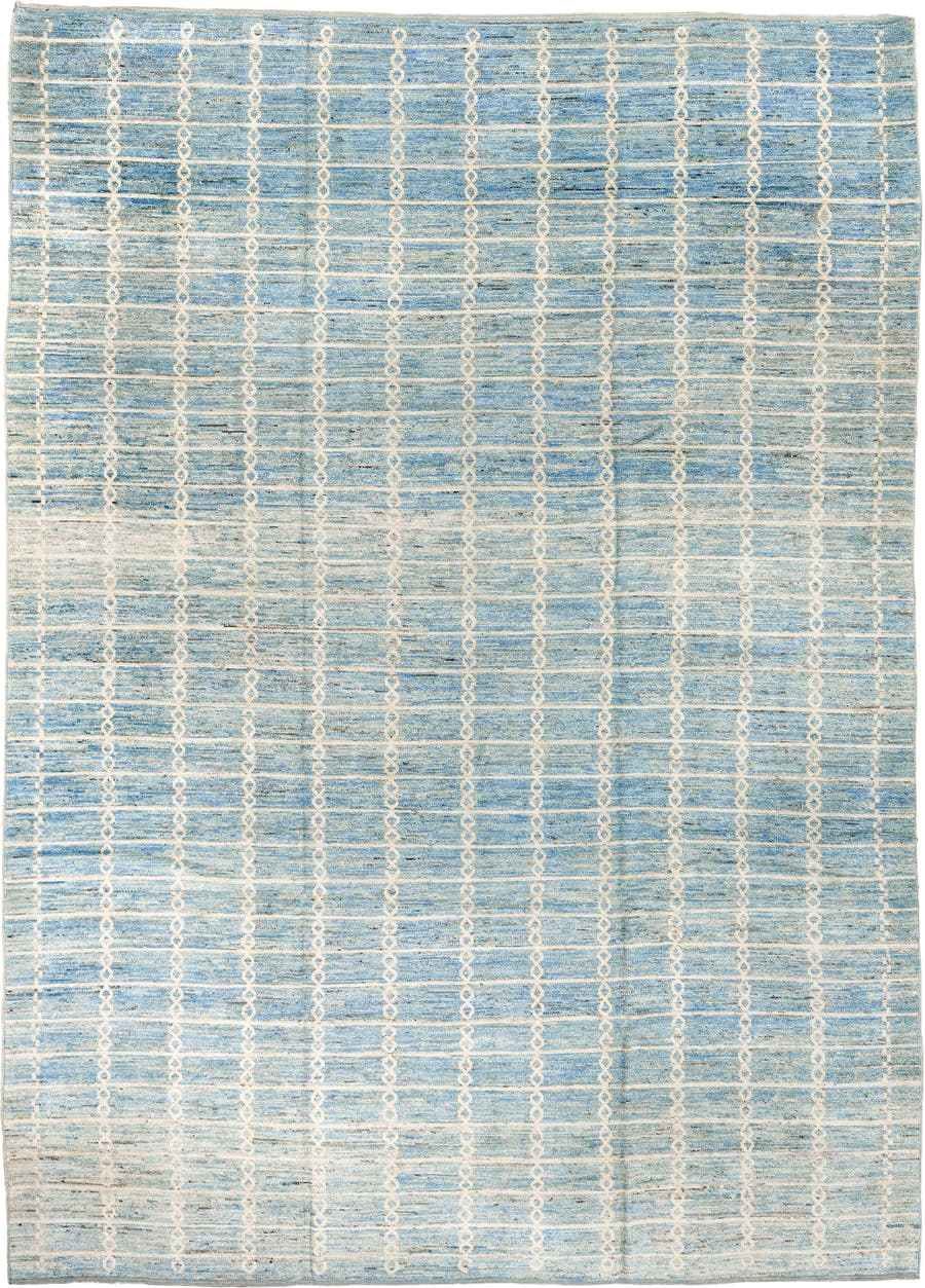 10' x 14' one-of-a-kind handmade vintage Tulu large size rug. Color palette: sky blue, ivory, cream, slate, taupe