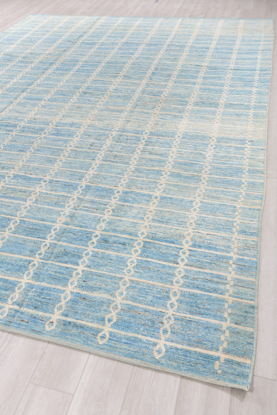 10' x 14' one-of-a-kind handmade vintage Tulu large size rug. Color palette: sky blue, ivory, cream, slate, taupe