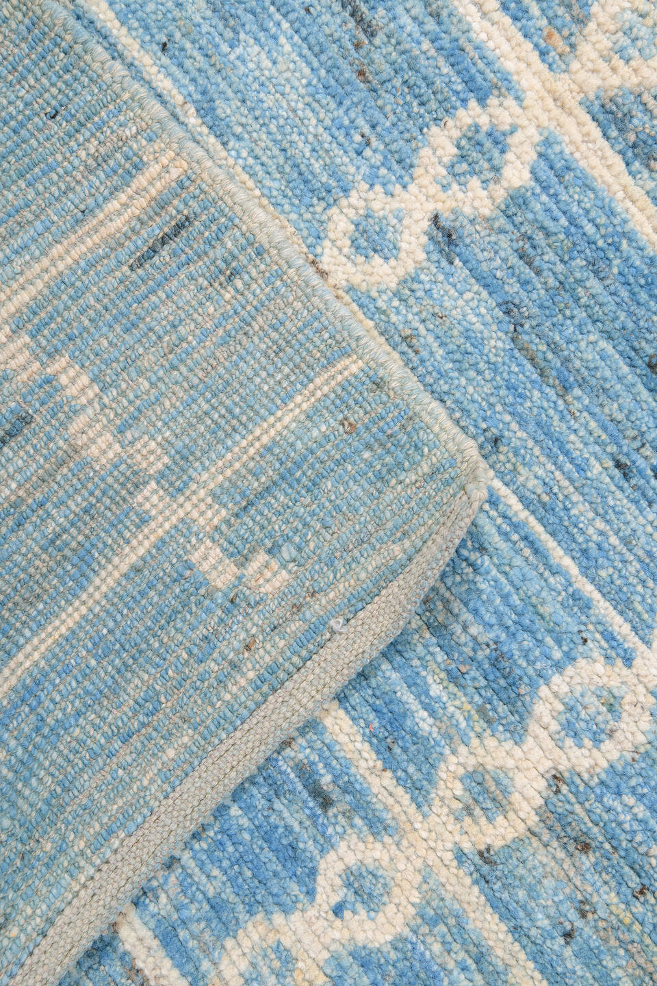 10' x 14' one-of-a-kind handmade vintage Tulu large size rug. Color palette: sky blue, ivory, cream, slate, taupe