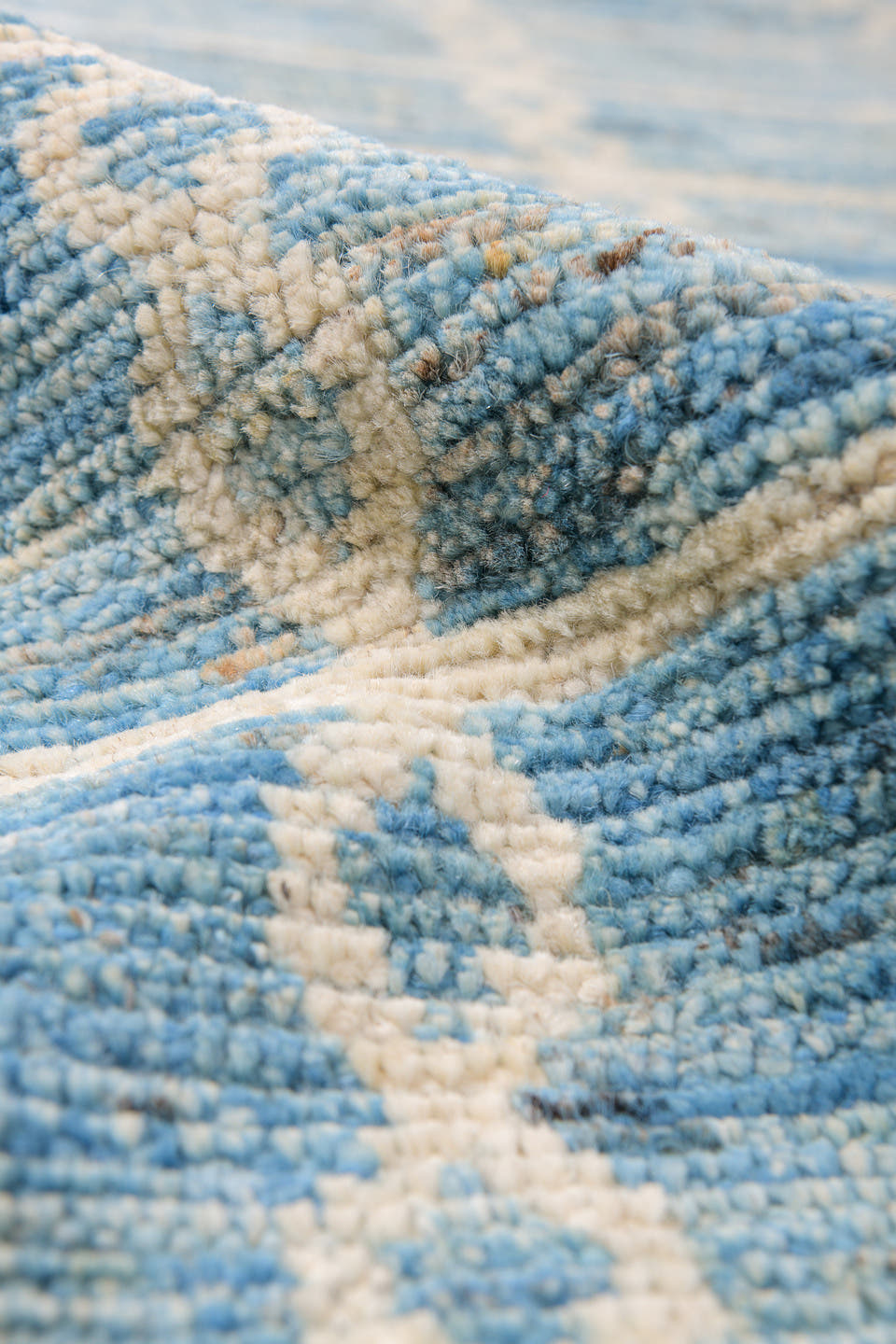 10' x 14' one-of-a-kind handmade vintage Tulu large size rug. Color palette: sky blue, ivory, cream, slate, taupe