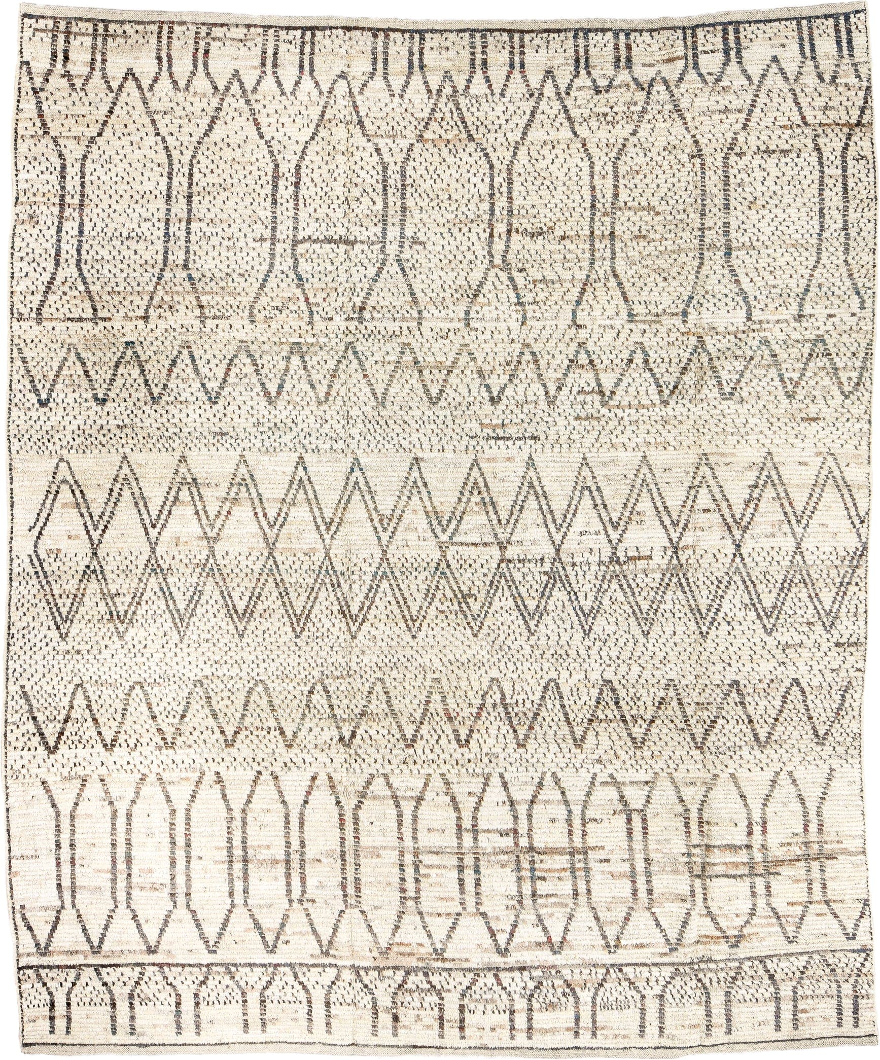 8' x 10' one-of-a-kind handmade vintage Tulu large size rug. Color palette: ivory, charcoal, taupe, camel, brown, blue gray