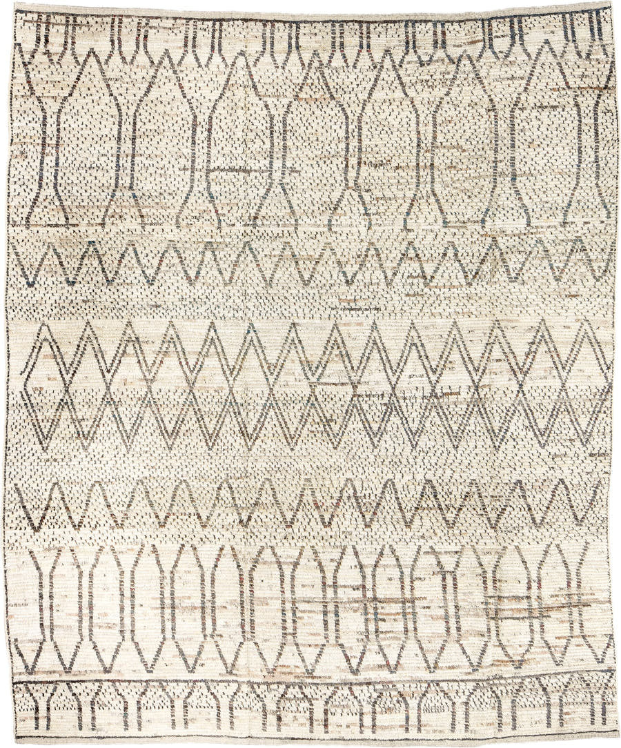 8' x 10' one-of-a-kind handmade vintage Tulu large size rug. Color palette: ivory, charcoal, taupe, camel, brown, blue gray