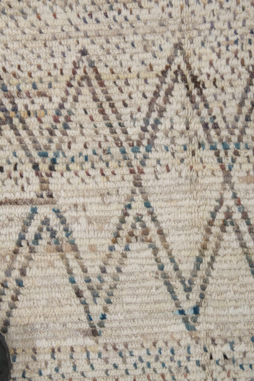 8' x 10' one-of-a-kind handmade vintage Tulu large size rug. Color palette: ivory, charcoal, taupe, camel, brown, blue gray