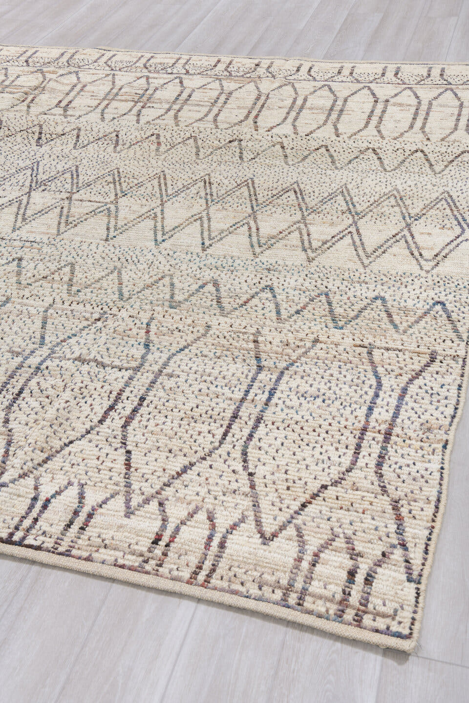 8' x 10' one-of-a-kind handmade vintage Tulu large size rug. Color palette: ivory, charcoal, taupe, camel, brown, blue gray