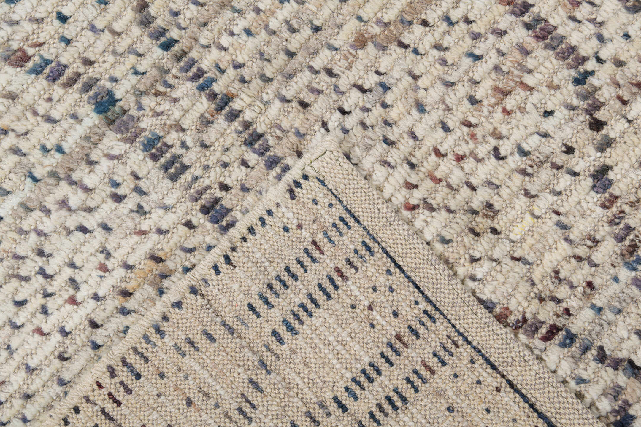8' x 10' one-of-a-kind handmade vintage Tulu large size rug. Color palette: ivory, charcoal, taupe, camel, brown, blue gray