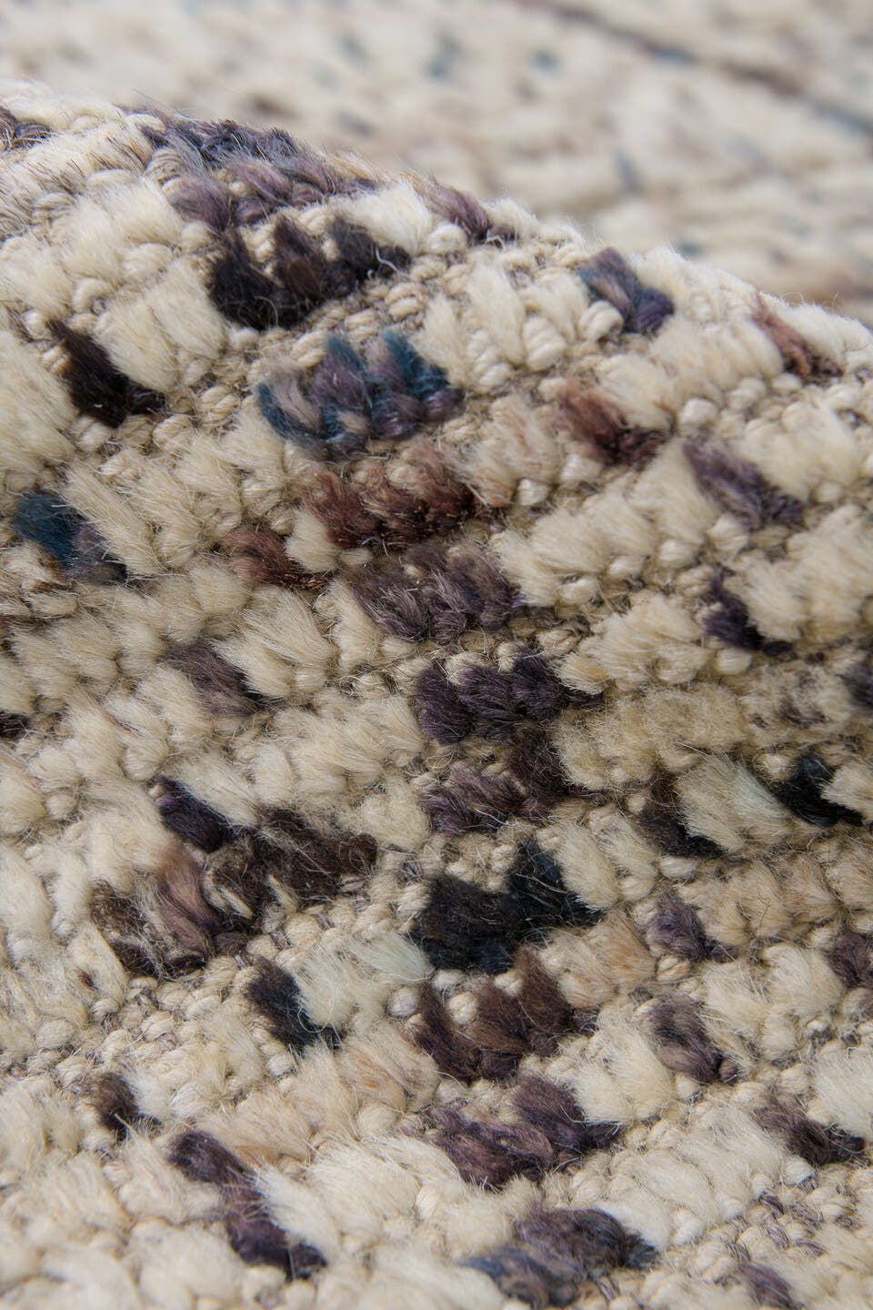 8' x 10' one-of-a-kind handmade vintage Tulu large size rug. Color palette: ivory, charcoal, taupe, camel, brown, blue gray
