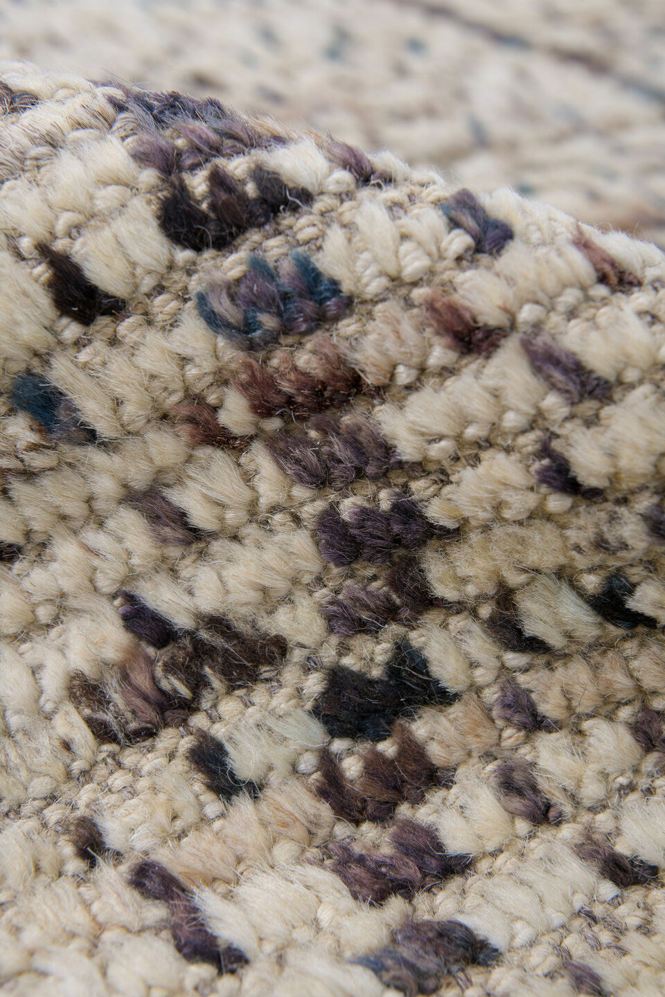 8' x 10' one-of-a-kind handmade vintage Tulu large size rug. Color palette: ivory, charcoal, taupe, camel, brown, blue gray