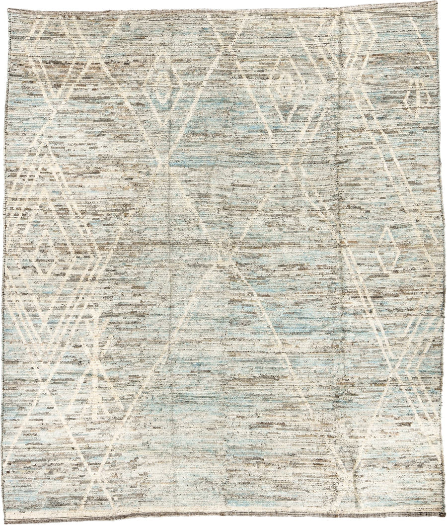 8' x 9' one-of-a-kind handmade vintage Tulu rug. Color palette: ivory, taupe, pale blue, beige, gray, cream, light blue