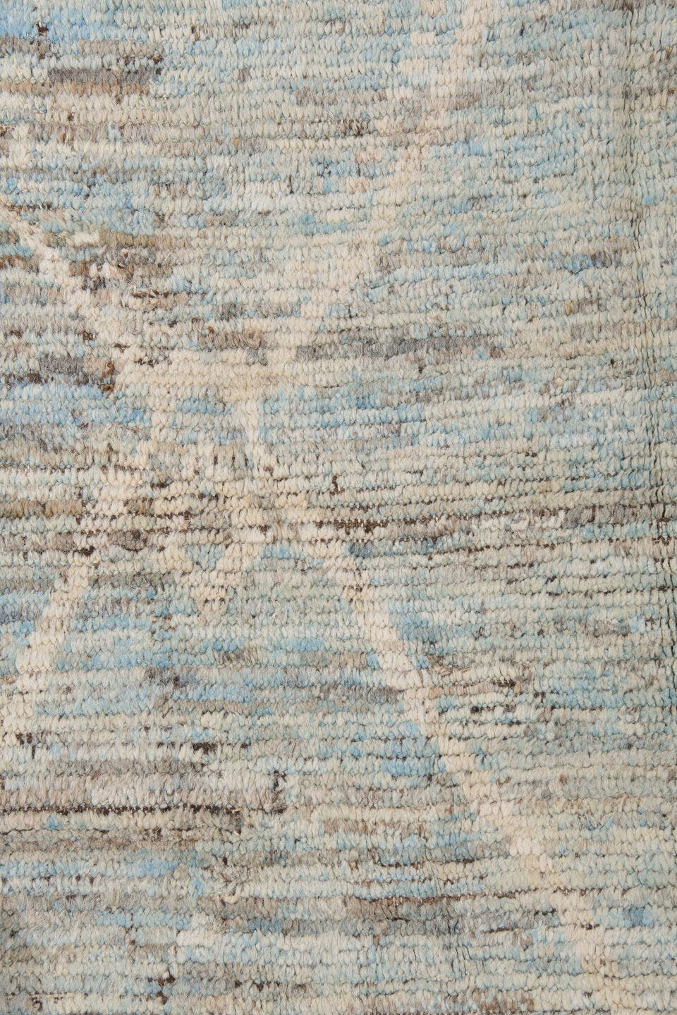 8' x 9' one-of-a-kind handmade vintage Tulu rug. Color palette: ivory, taupe, pale blue, beige, gray, cream, light blue
