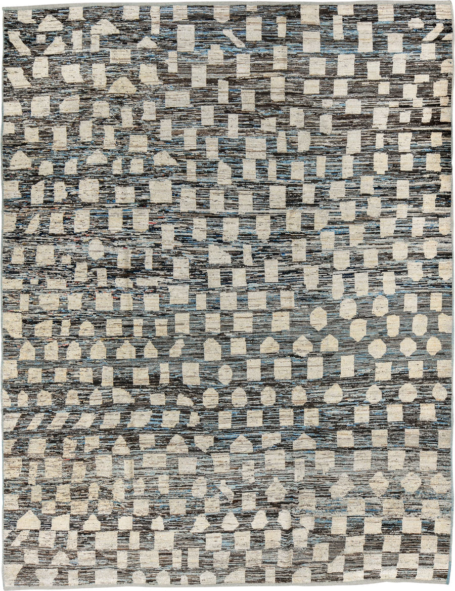 9' x 12' one-of-a-kind handmade vintage Tulu large size rug. Color palette: gray, ivory, charcoal, sky blue, cream, black