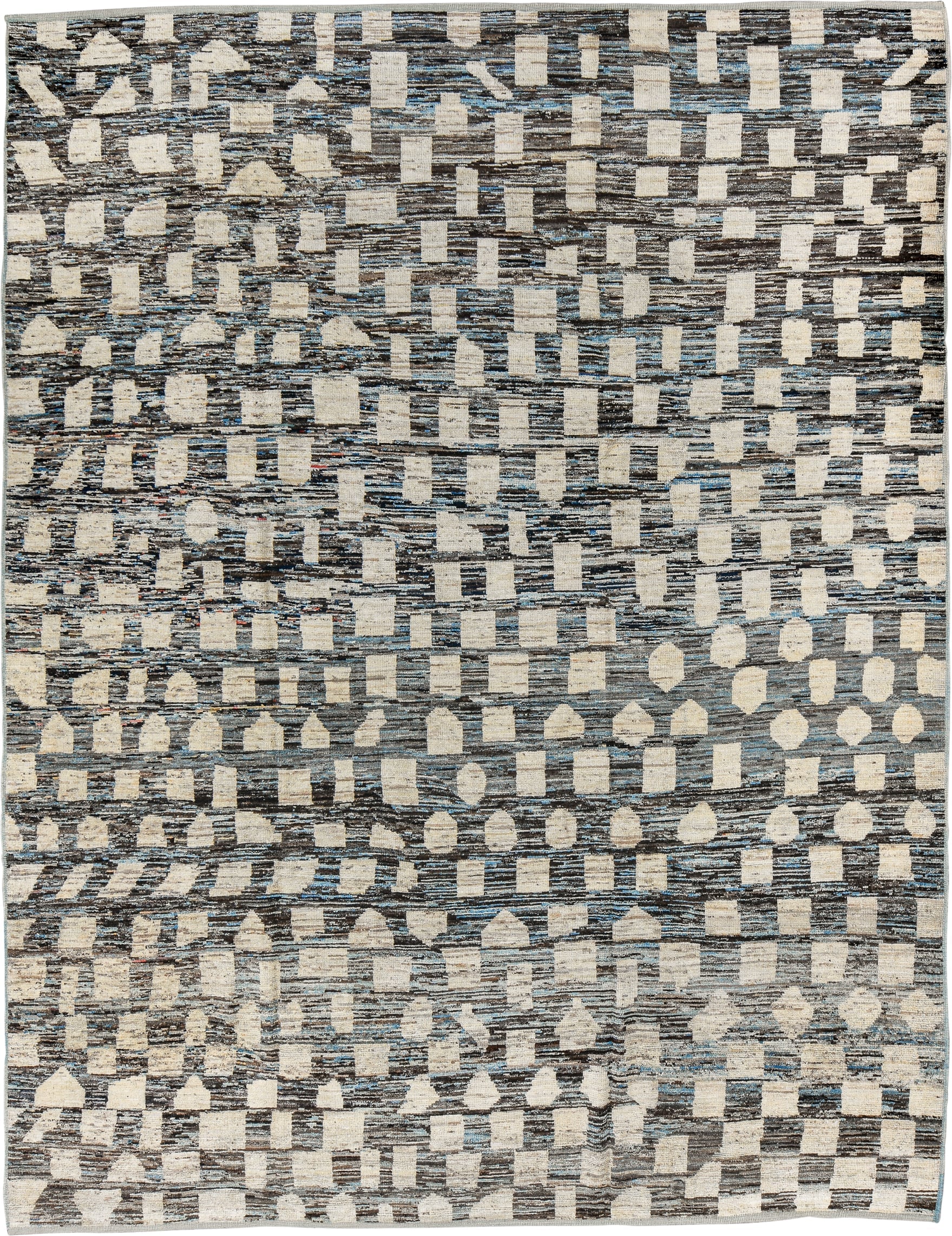 9' x 12' one-of-a-kind handmade vintage Tulu large size rug. Color palette: gray, ivory, charcoal, sky blue, cream, black