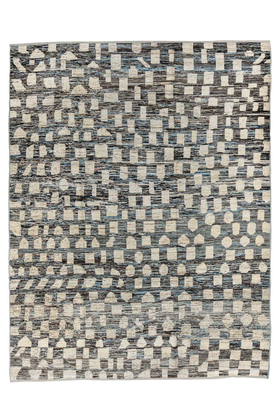 9' x 12' one-of-a-kind handmade vintage Tulu large size rug. Color palette: black, blue, dark gray, gray, light blue