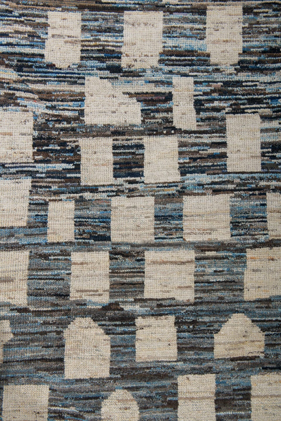 9' x 12' one-of-a-kind handmade vintage Tulu large size rug. Color palette: gray, ivory, charcoal, sky blue, cream, black