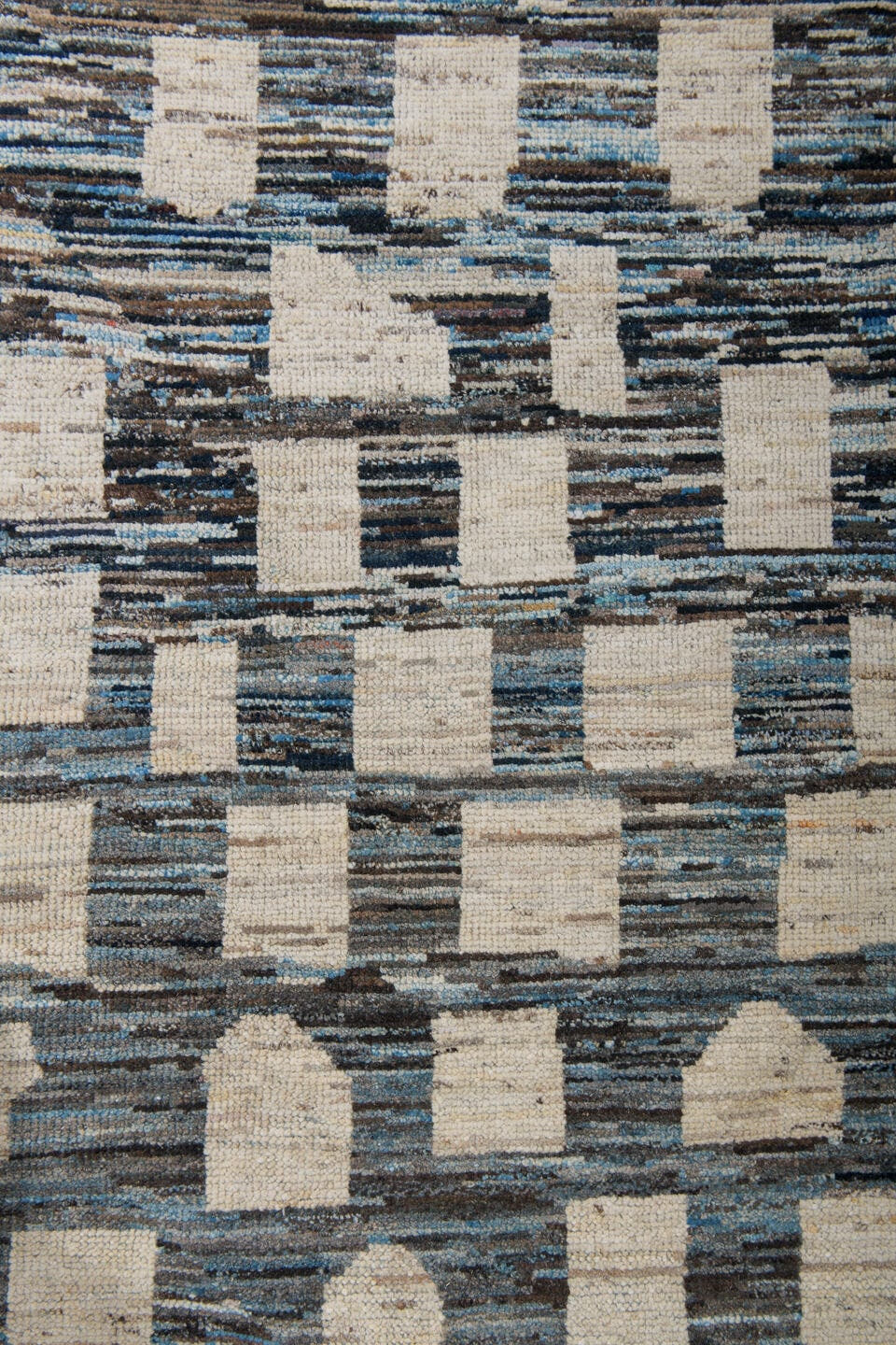 9' x 12' one-of-a-kind handmade vintage Tulu large size rug. Color palette: gray, ivory, charcoal, sky blue, cream, black