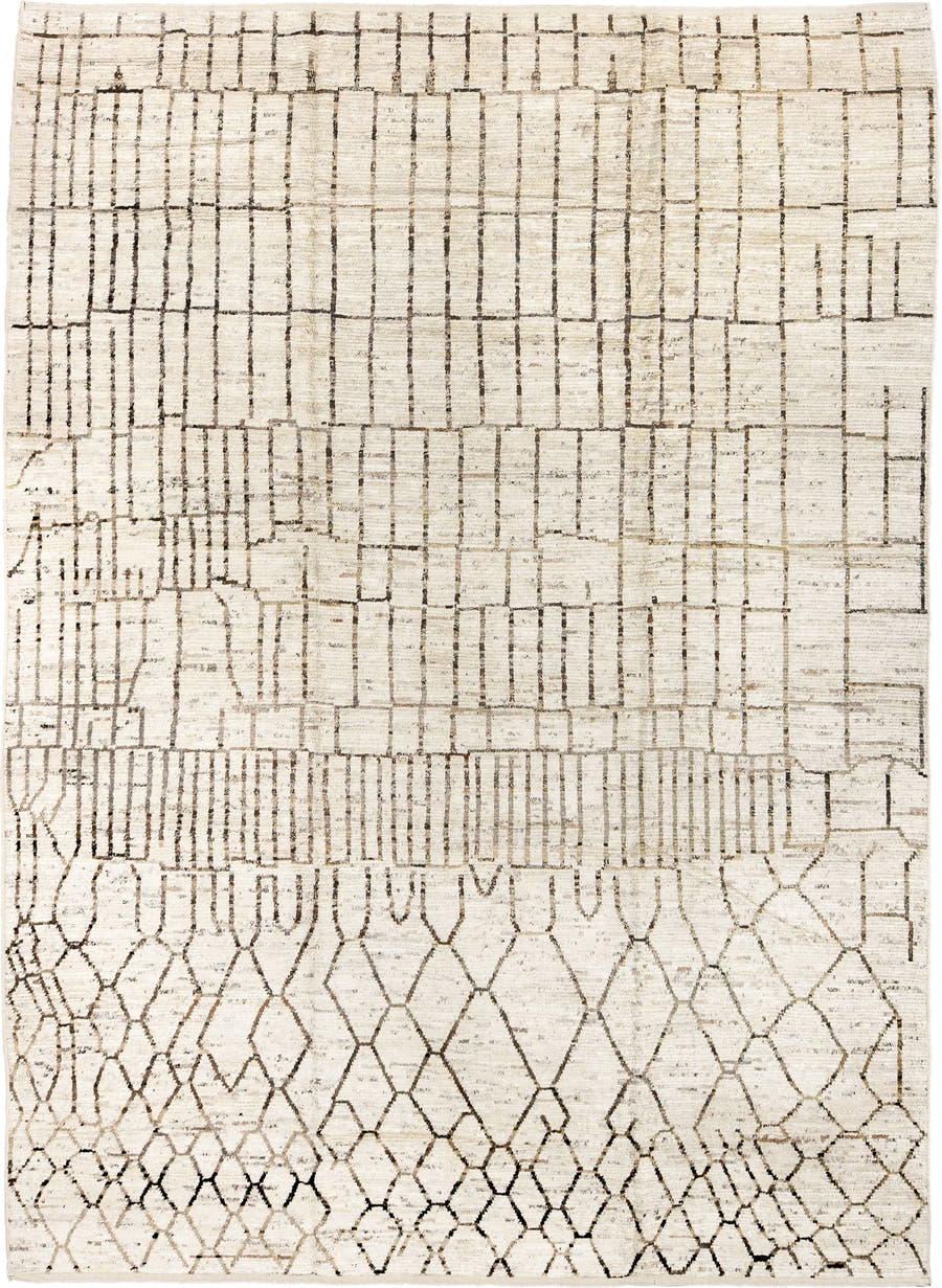 10' x 14' one-of-a-kind handmade vintage Tulu large size rug. Color palette: ivory, charcoal, taupe, cream, brown, black