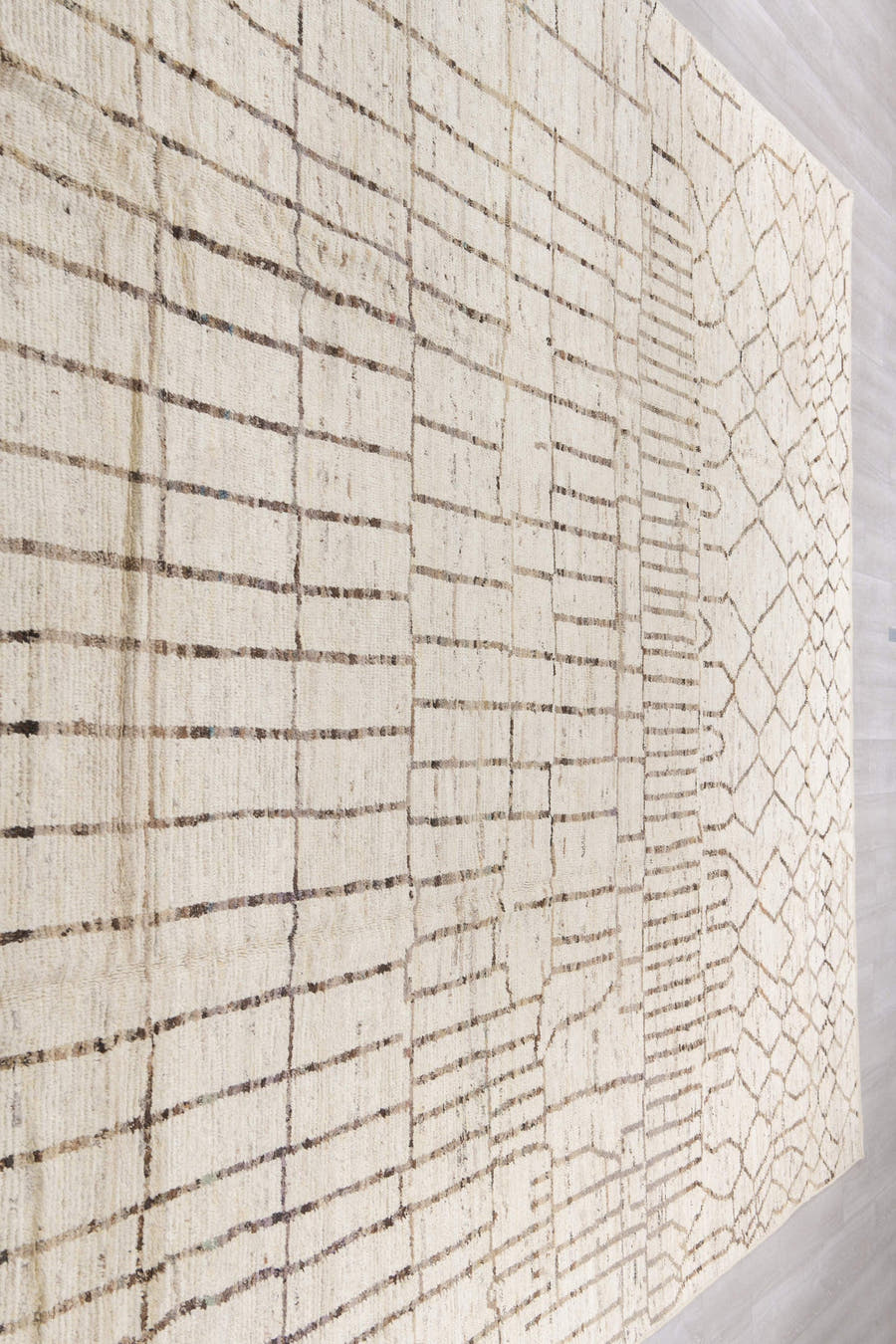 10' x 14' one-of-a-kind handmade vintage Tulu large size rug. Color palette: ivory, charcoal, taupe, cream, brown, black