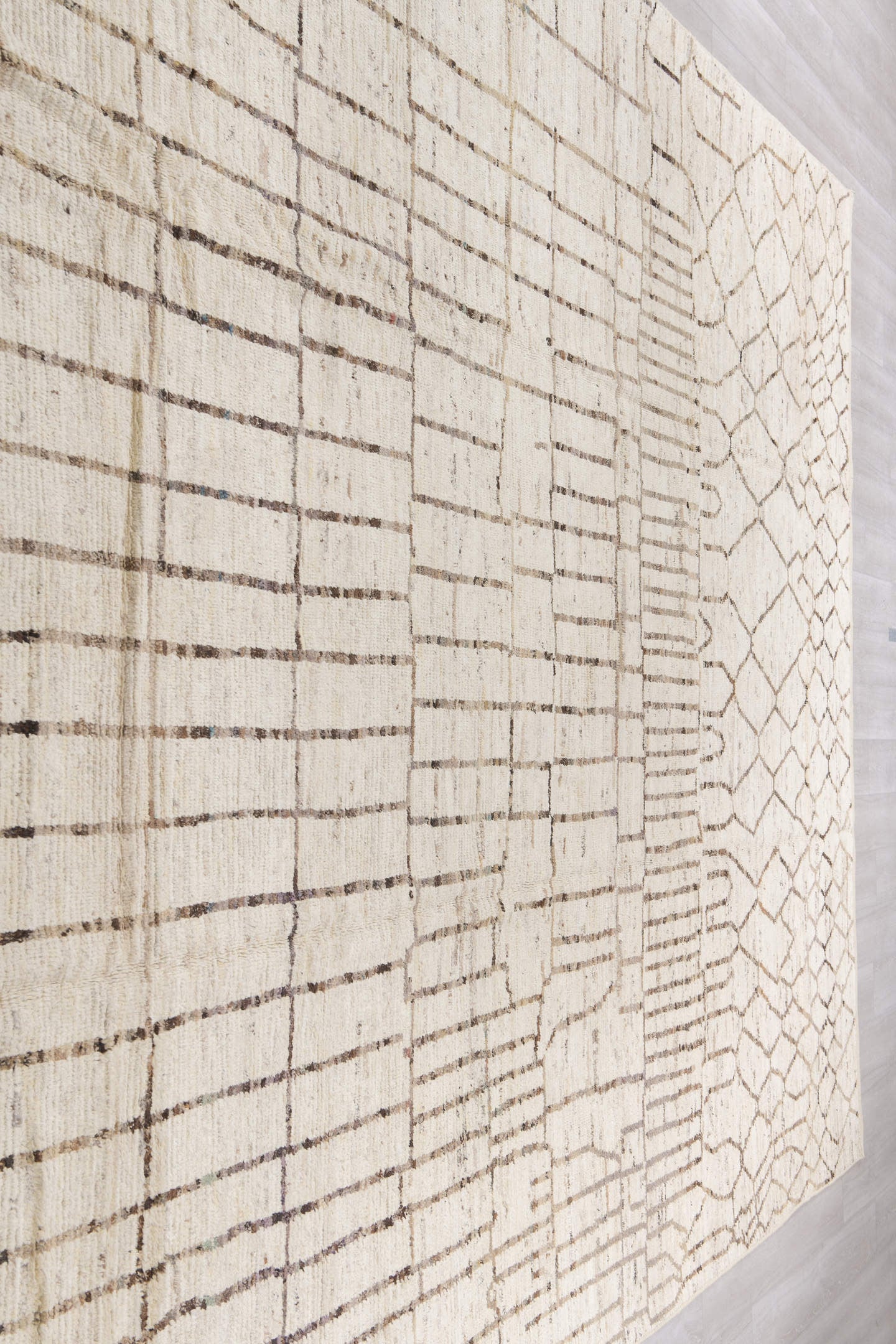 10' x 14' one-of-a-kind handmade vintage Tulu large size rug. Color palette: ivory, charcoal, taupe, cream, brown, black