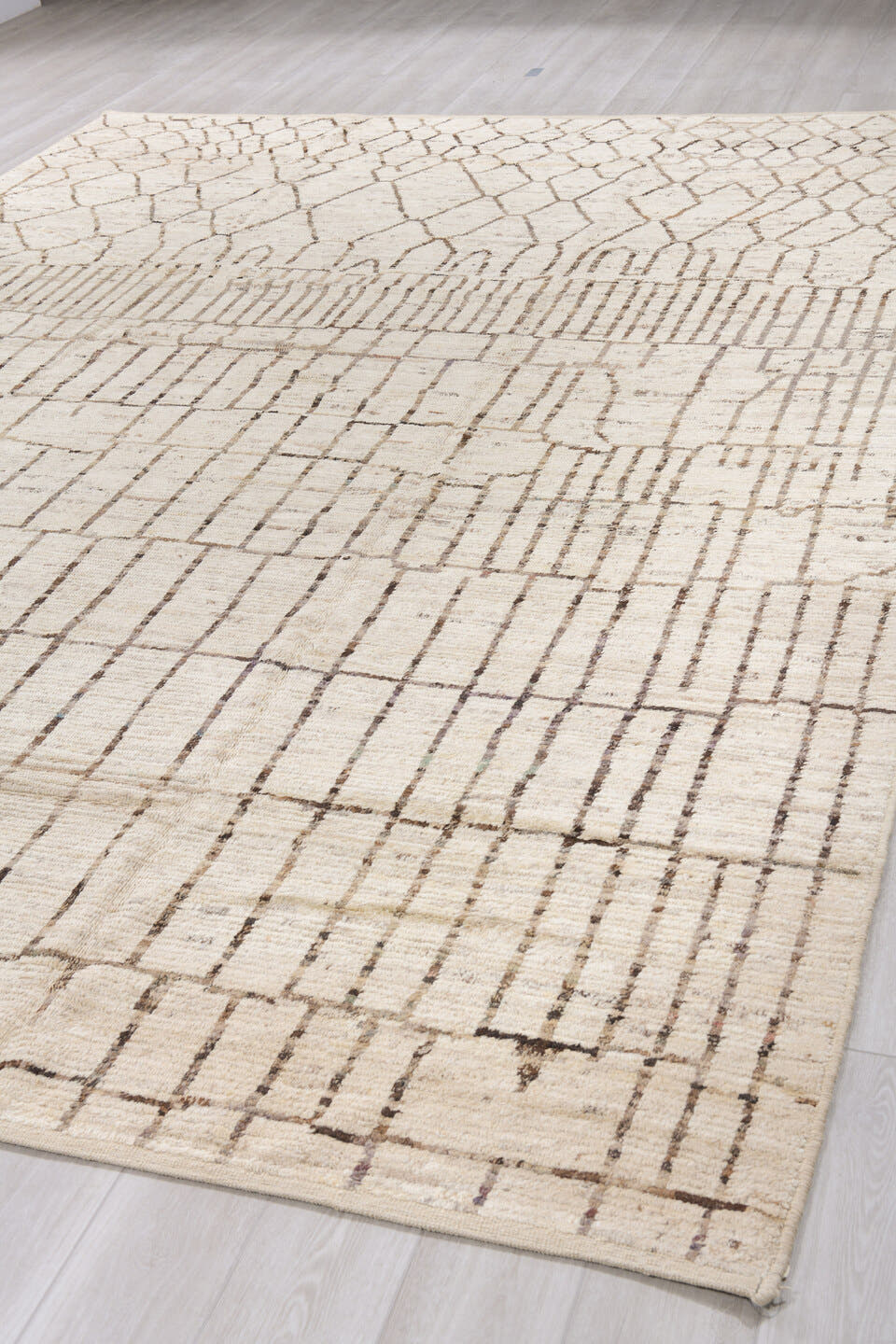 10' x 14' one-of-a-kind handmade vintage Tulu large size rug. Color palette: ivory, charcoal, taupe, cream, brown, black