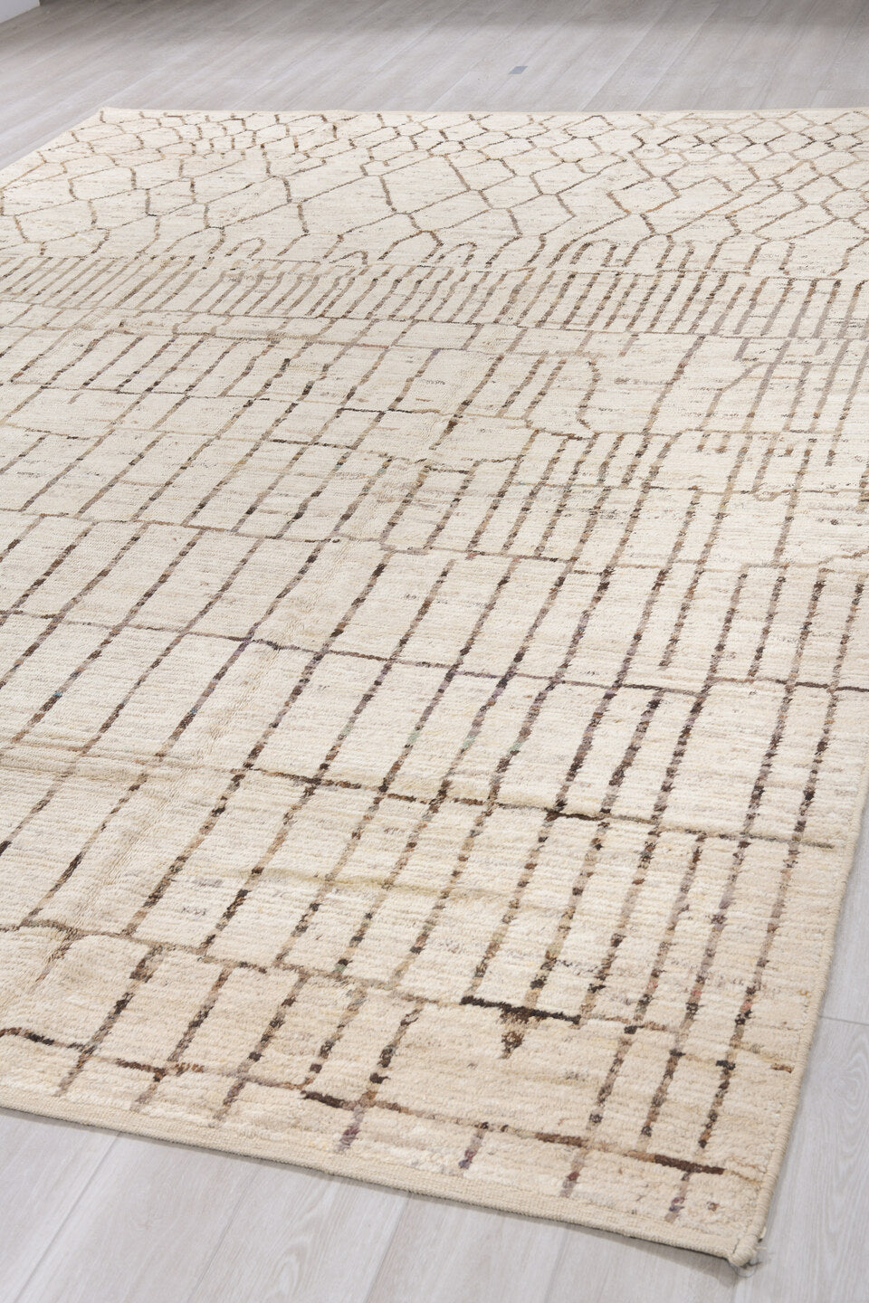 10' x 14' one-of-a-kind handmade vintage Tulu large size rug. Color palette: ivory, charcoal, taupe, cream, brown, black