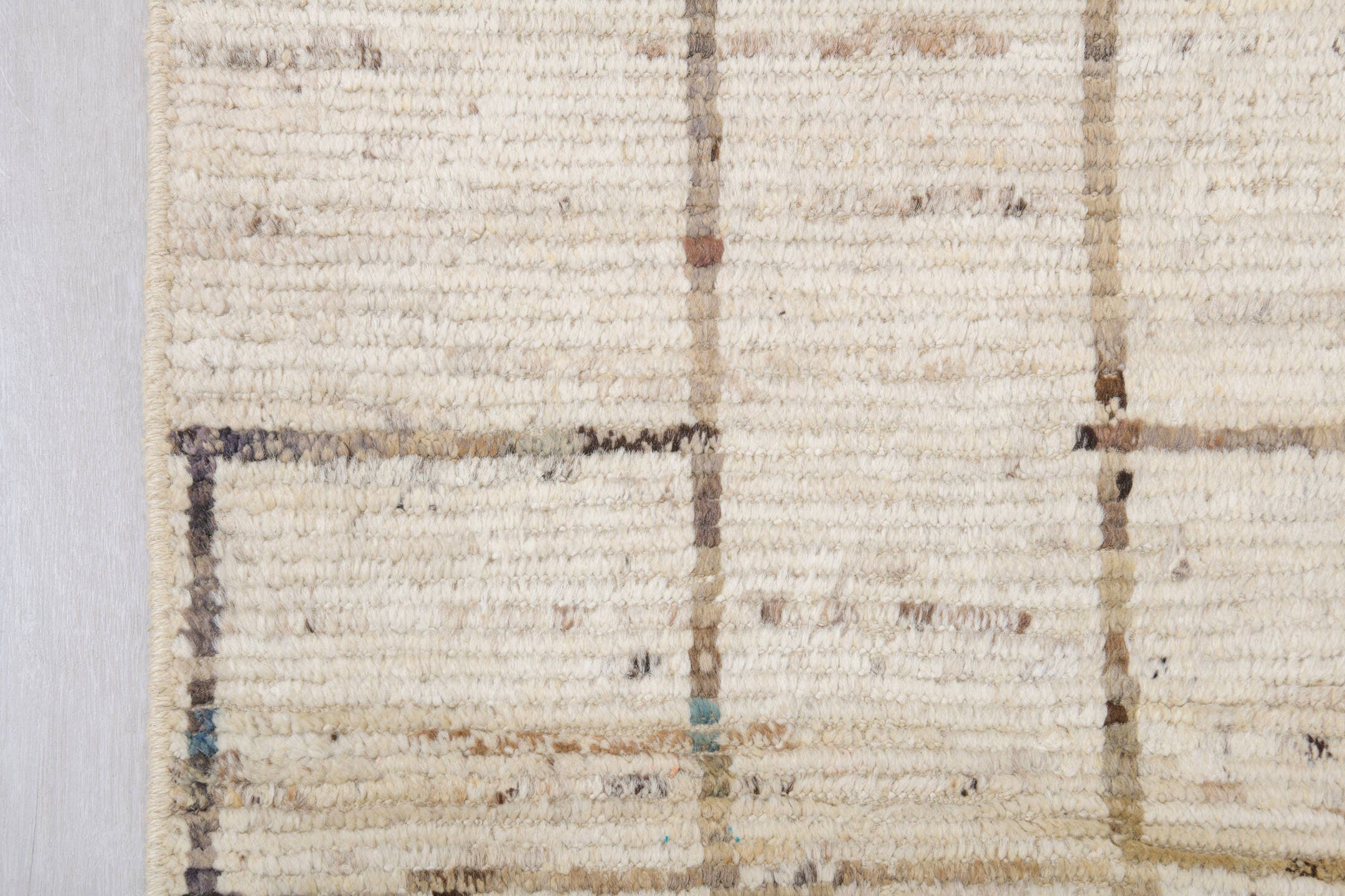 10' x 14' one-of-a-kind handmade vintage Tulu large size rug. Color palette: ivory, charcoal, taupe, cream, brown, black