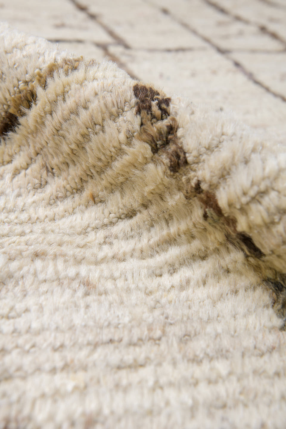 10' x 14' one-of-a-kind handmade vintage Tulu large size rug. Color palette: ivory, charcoal, taupe, cream, brown, black