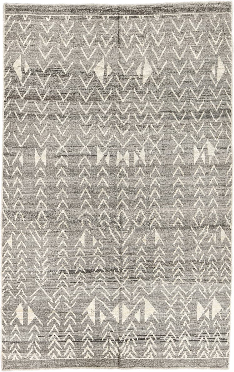 6' x 9' one-of-a-kind handmade vintage Tulu medium size rug. Color palette: gray, ivory, taupe, charcoal, beige, black