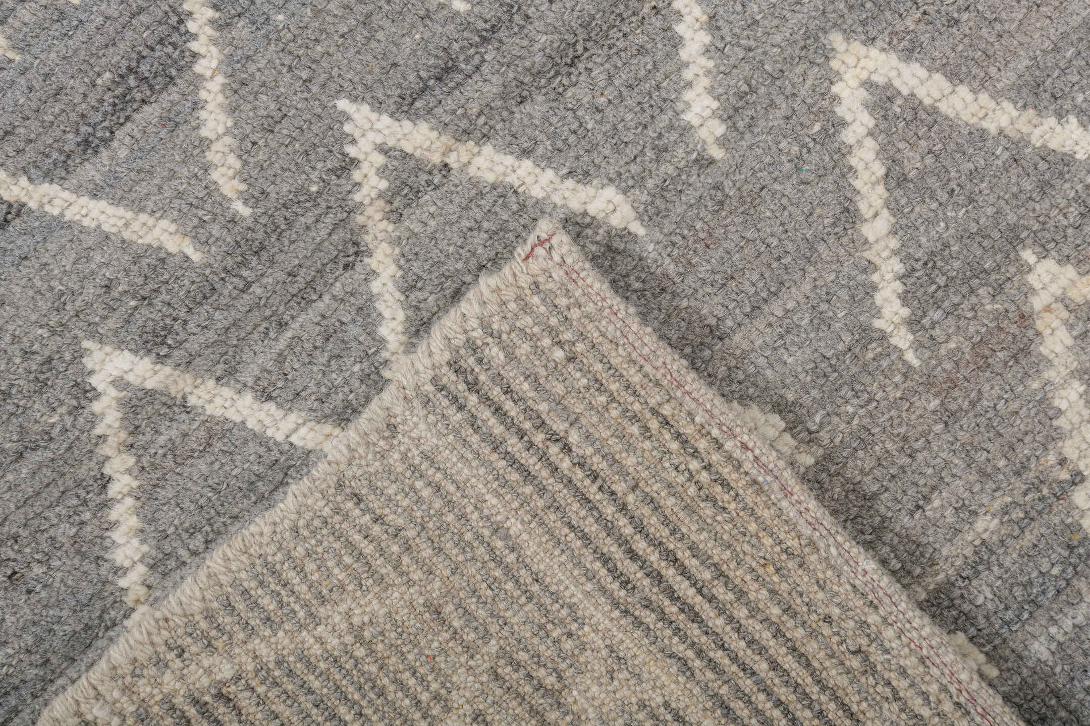 6' x 9' one-of-a-kind handmade vintage Tulu medium size rug. Color palette: gray, ivory, taupe, charcoal, beige, black