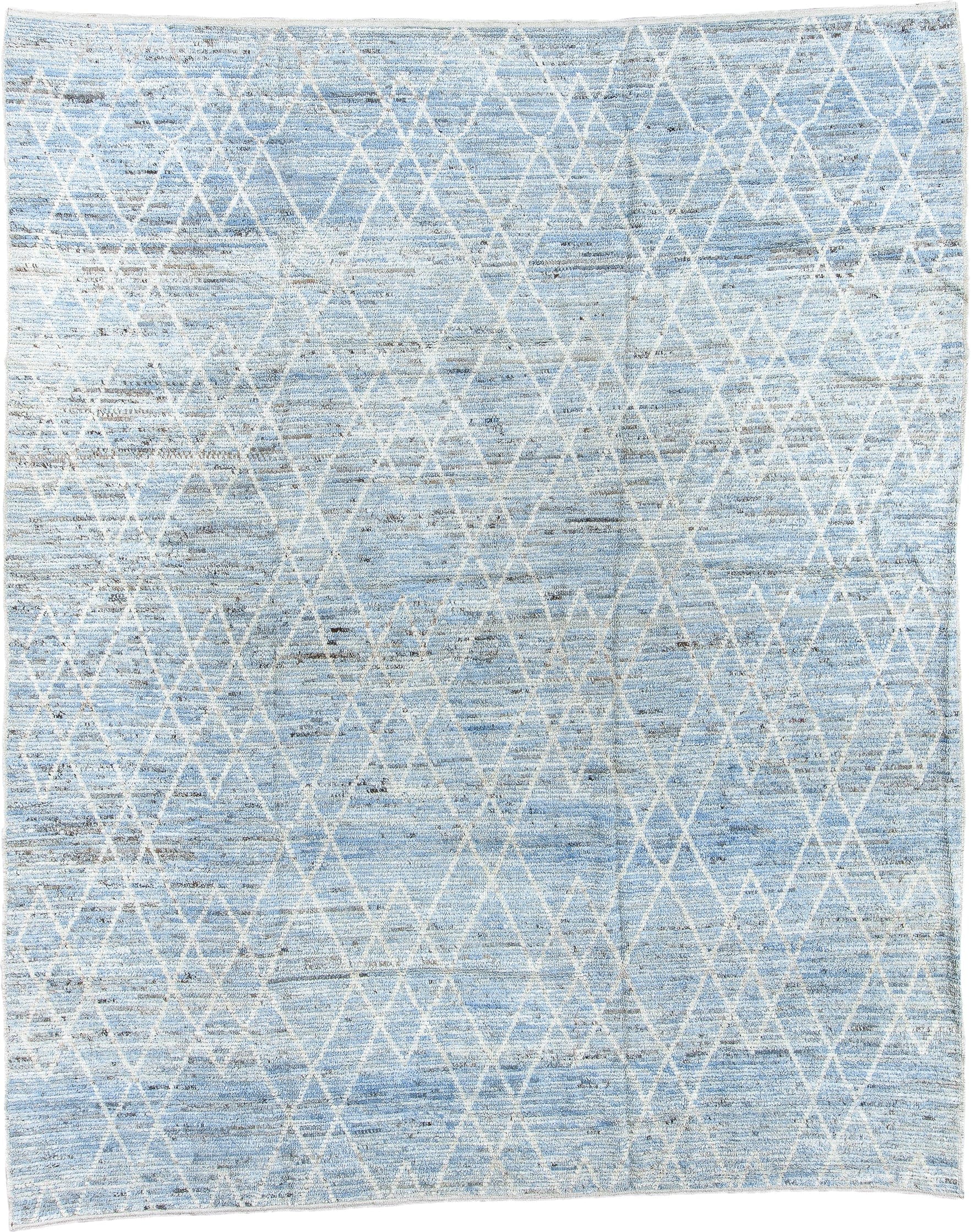 9' x 11' one-of-a-kind handmade vintage Tulu large size rug. Color palette: pale blue, ivory, sky blue, gray, light blue