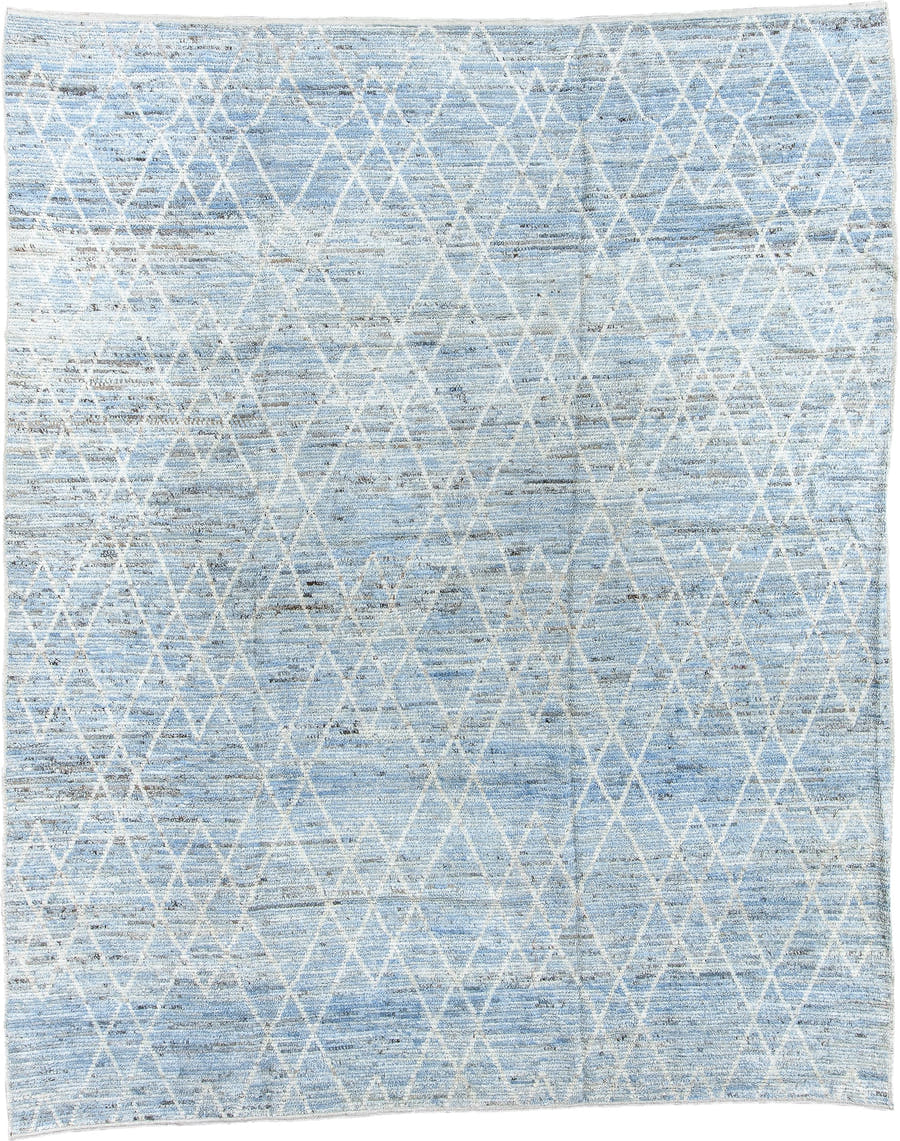 9' x 11' one-of-a-kind handmade vintage Tulu large size rug. Color palette: pale blue, ivory, sky blue, gray, light blue