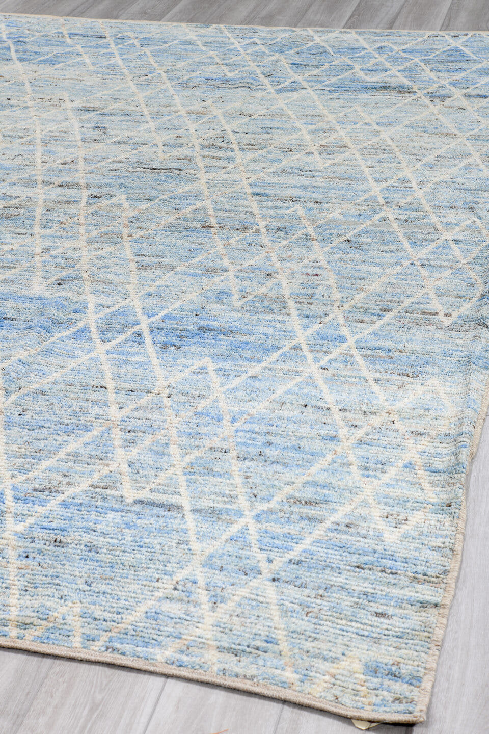 9' x 11' one-of-a-kind handmade vintage Tulu large size rug. Color palette: pale blue, ivory, sky blue, gray, light blue