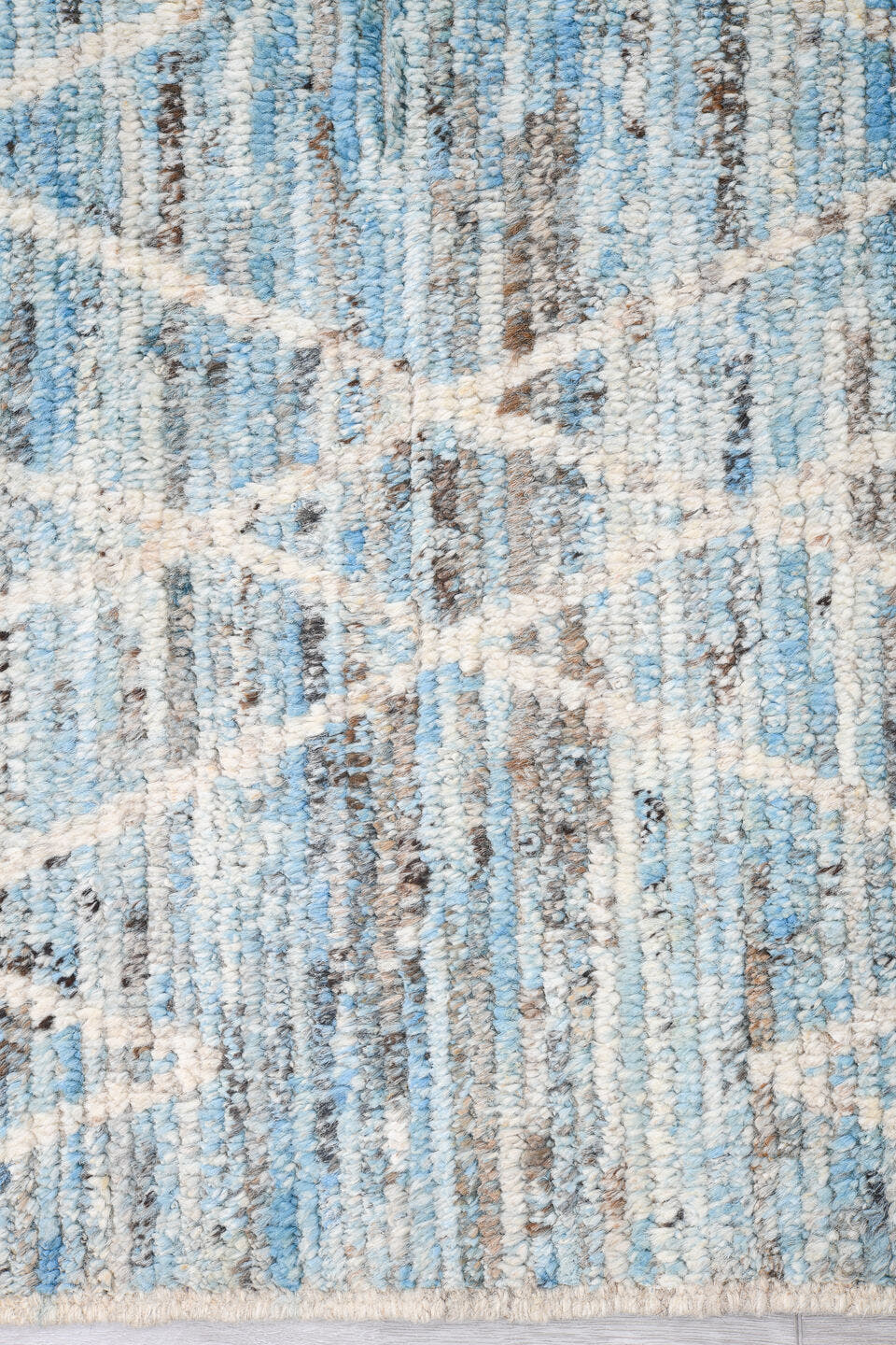 9' x 11' one-of-a-kind handmade vintage Tulu large size rug. Color palette: pale blue, ivory, sky blue, gray, light blue