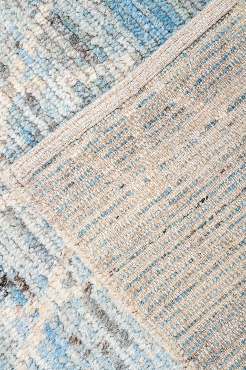 9' x 11' one-of-a-kind handmade vintage Tulu large size rug. Color palette: pale blue, ivory, sky blue, gray, light blue